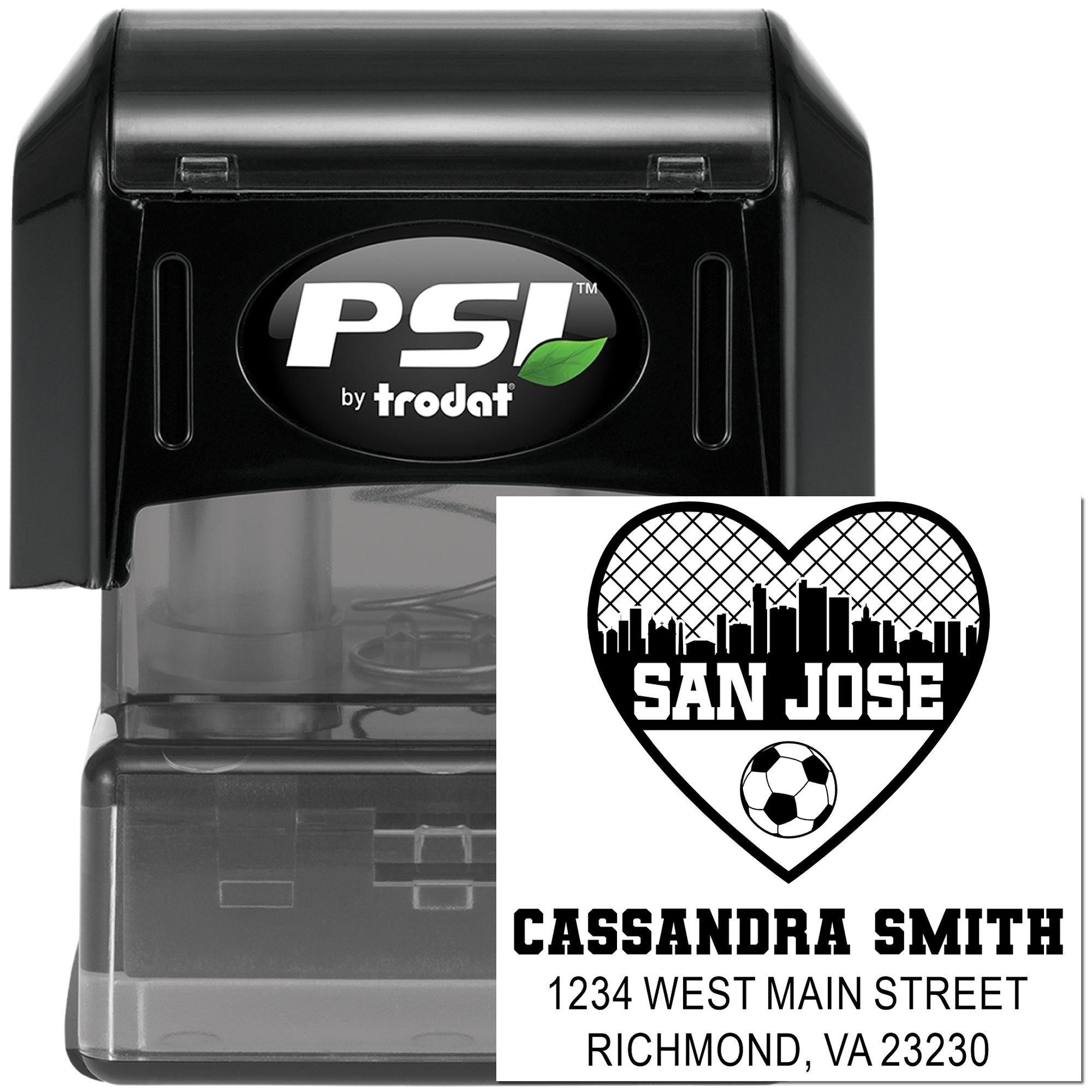 Custom self-inking rubber stamp by PSI by Trodat with San Jose heart soccer design, name and address for personalized mailing.