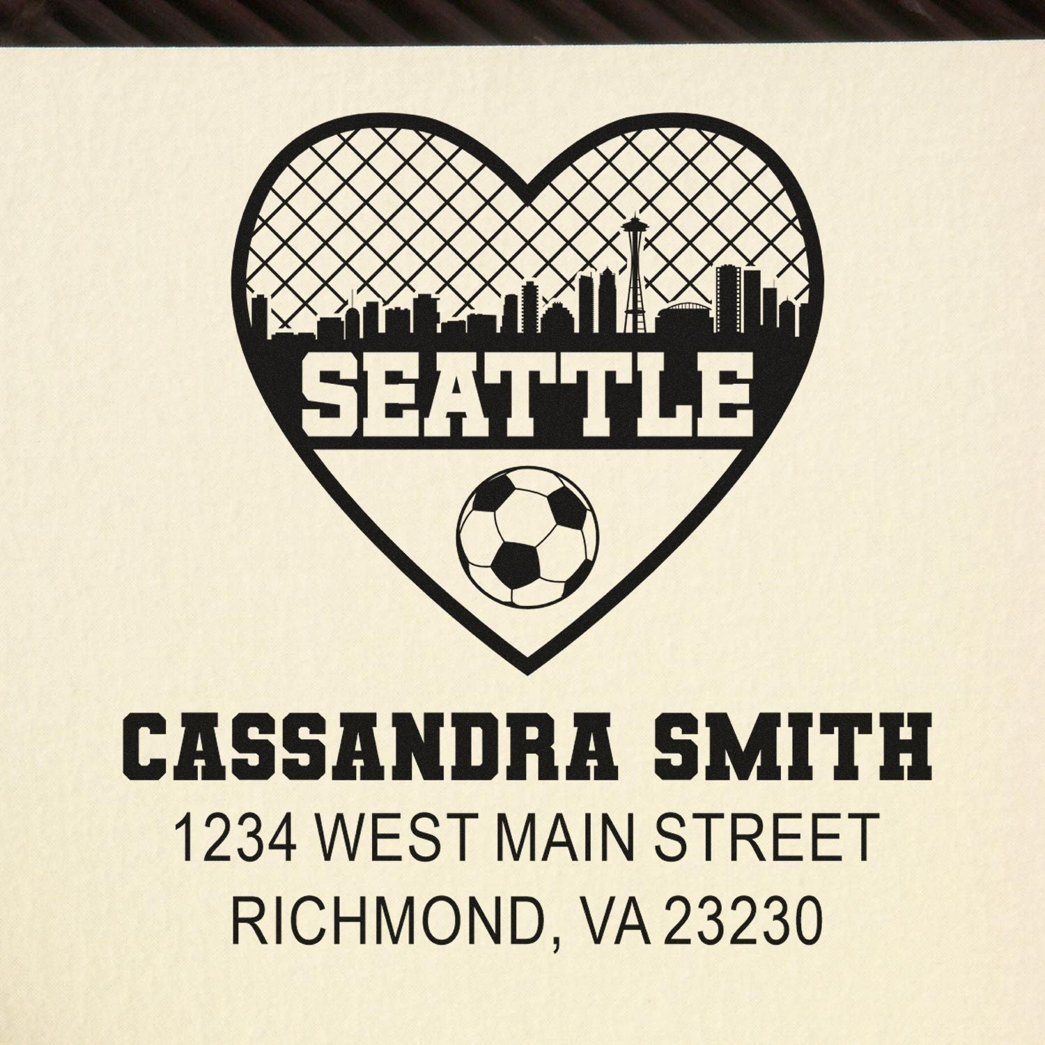 Custom Seattle soccer return address rubber stamp with heart skyline, name, and address.