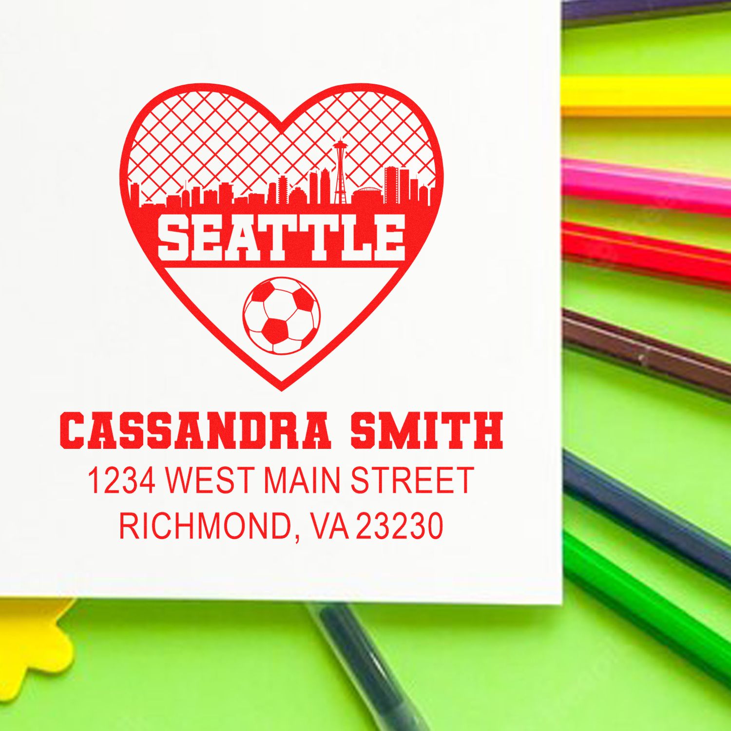 Custom Seattle soccer heart rubber stamp with name and address for personalized return address use.