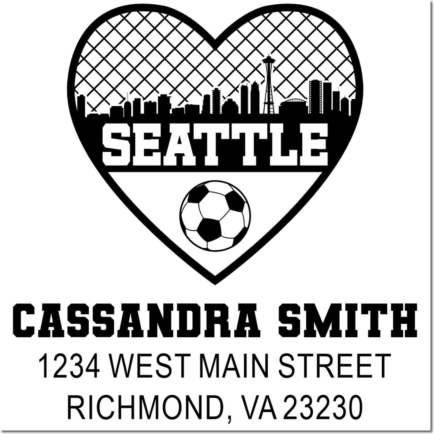 Custom Seattle soccer rubber stamp with heart skyline, soccer ball, and personalized name/address for event or mailing use.