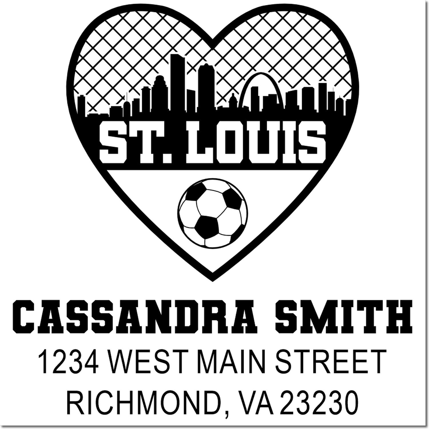 Custom personalized rubber stamp with St. Louis heart skyline, soccer ball, and Cassandra Smith, 1234 West Main Street, Richmond, VA 23230.