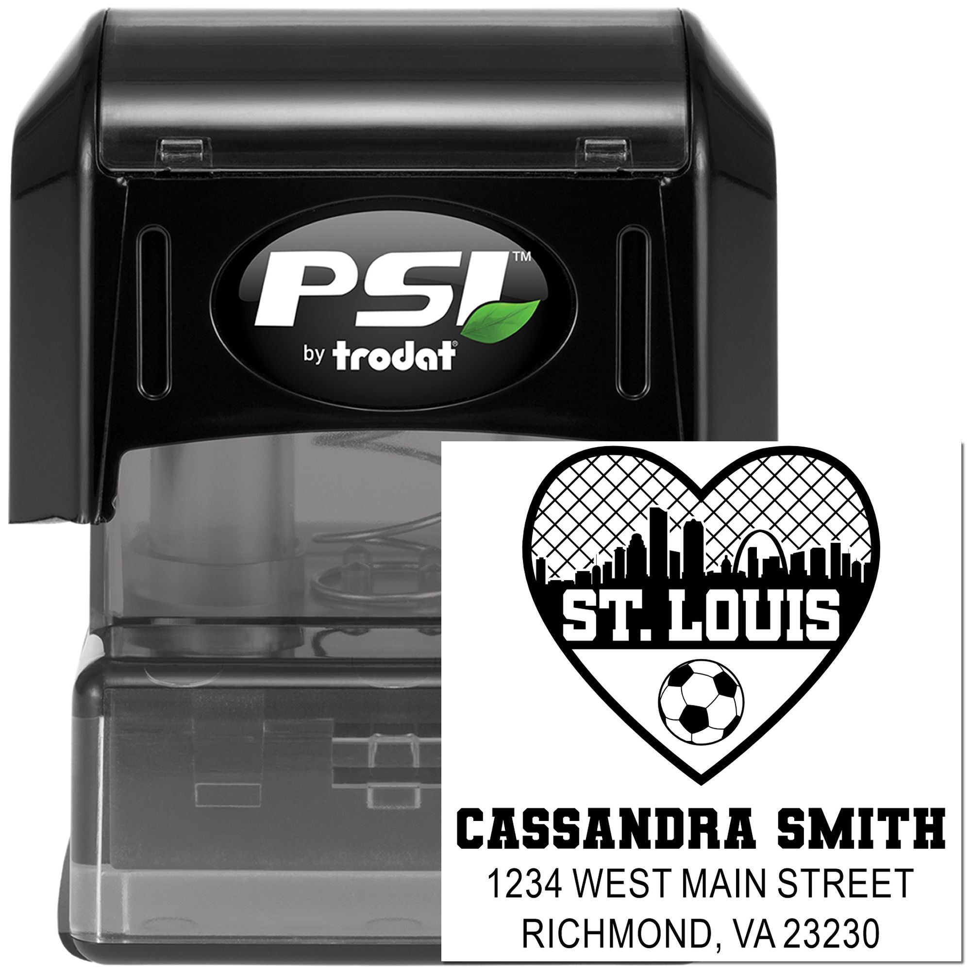 Custom self-inking rubber stamp by PSI Trodat with St. Louis heart skyline and Cassandra Smith address design.