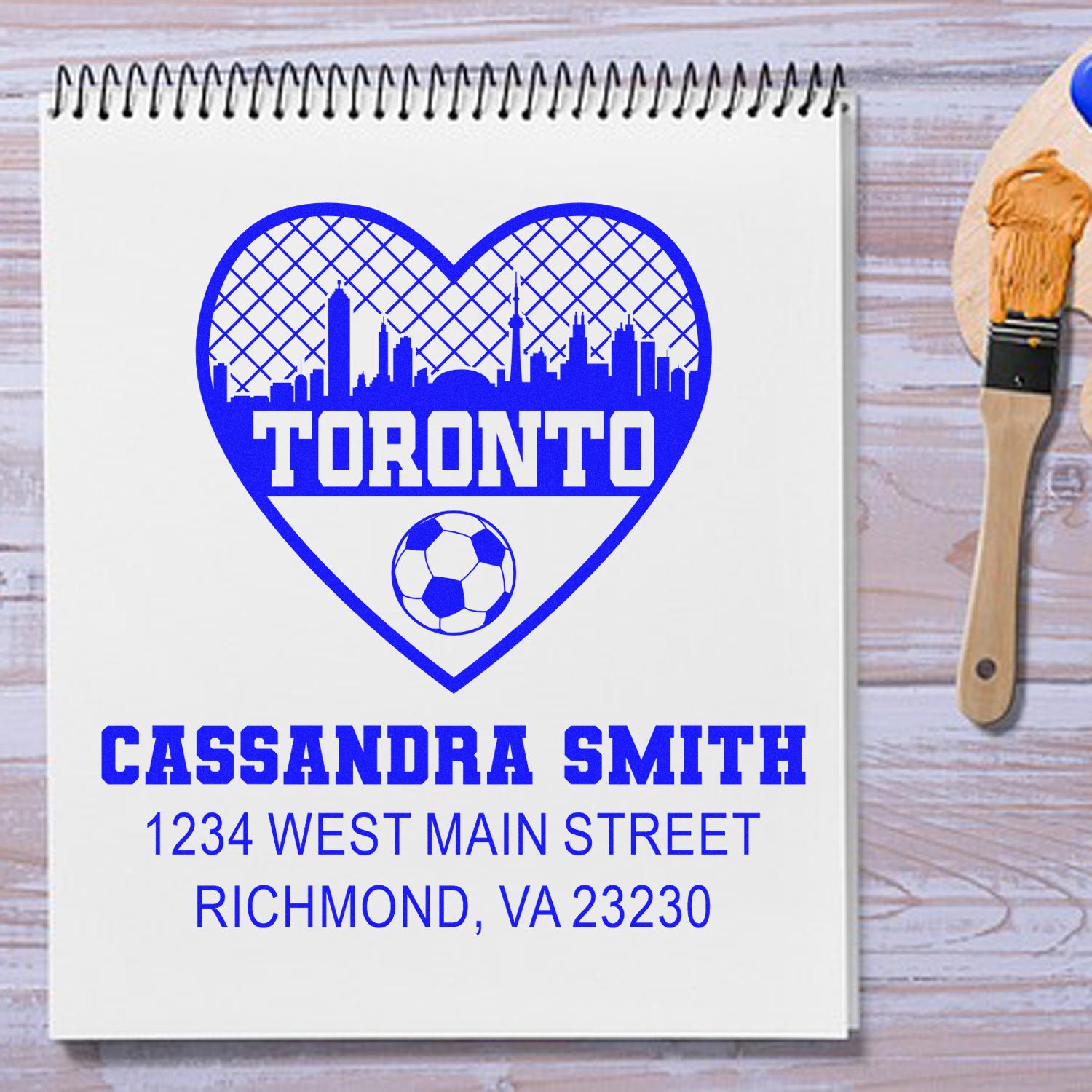 Custom Toronto soccer return address rubber stamp with heart skyline, name, and mailing address for personalized stationery.