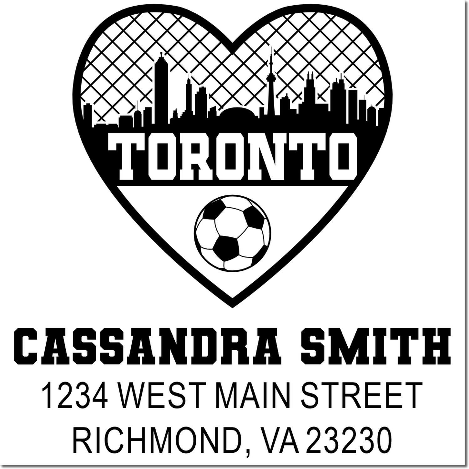 Custom Toronto soccer heart rubber stamp with skyline, soccer ball, and personalized Cassandra Smith mailing address.