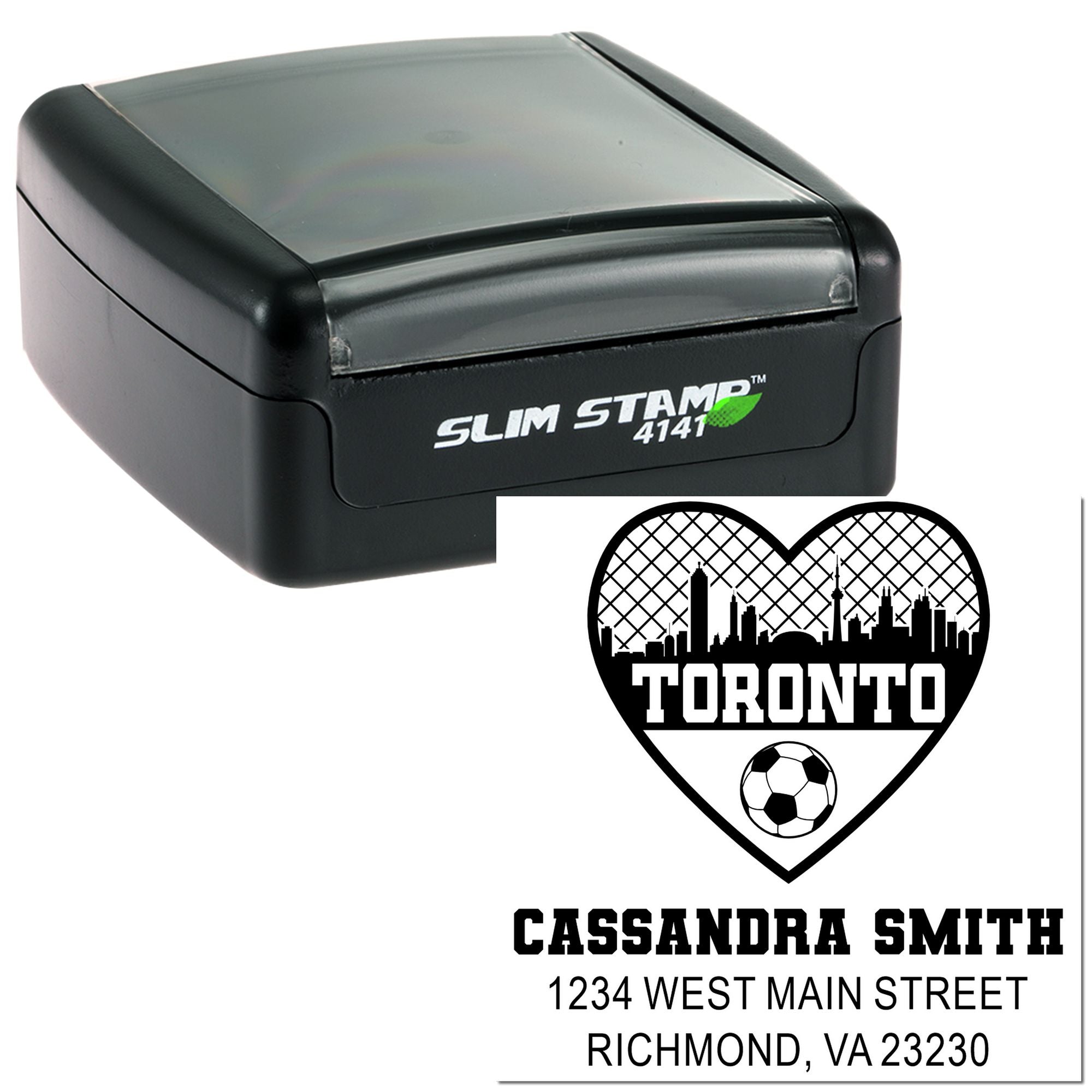 Custom self-inking rubber stamp showing Toronto heart soccer design with personalized name and address imprint.
