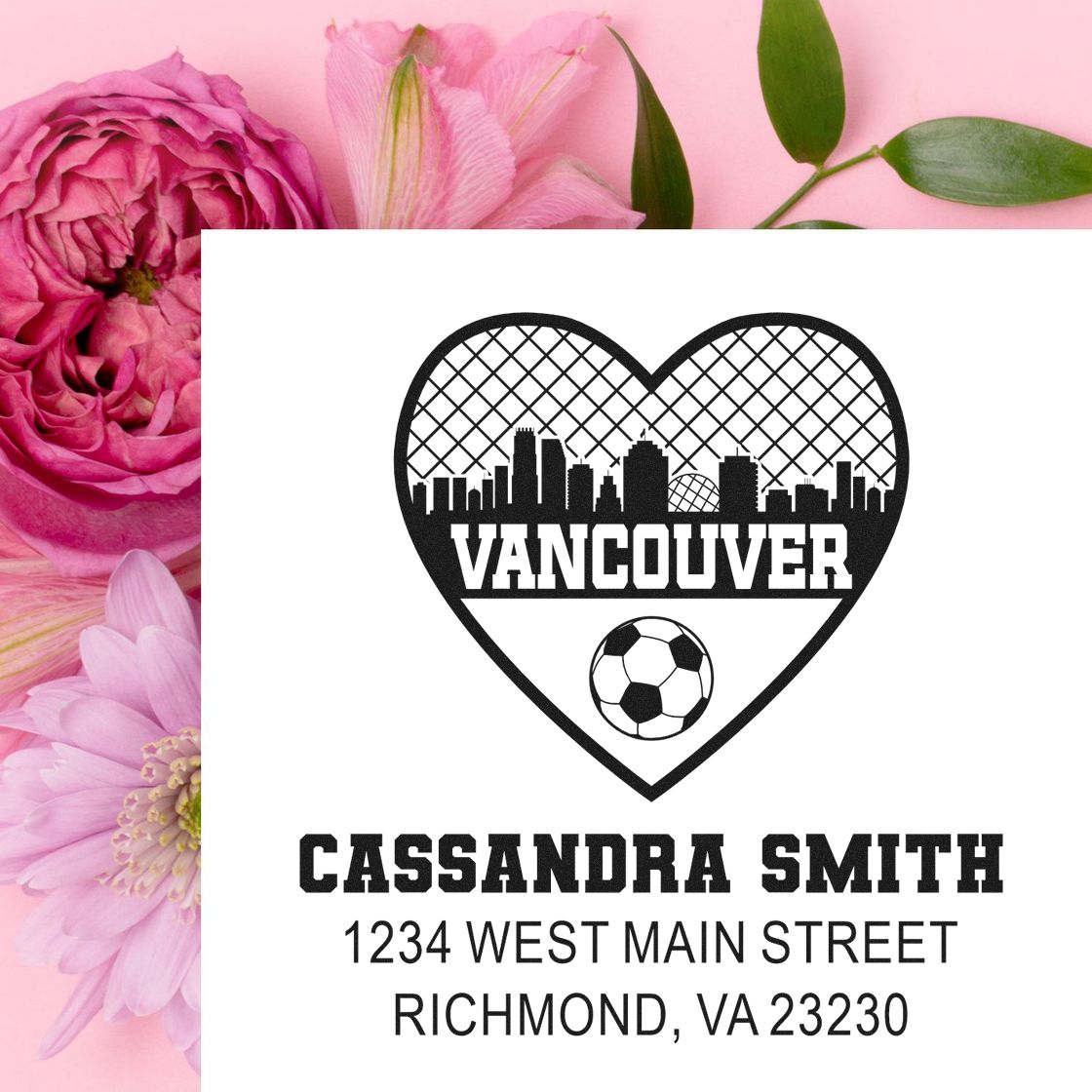 Custom Vancouver heart skyline return address rubber stamp with soccer ball, Cassandra Smith, and Richmond, VA address.
