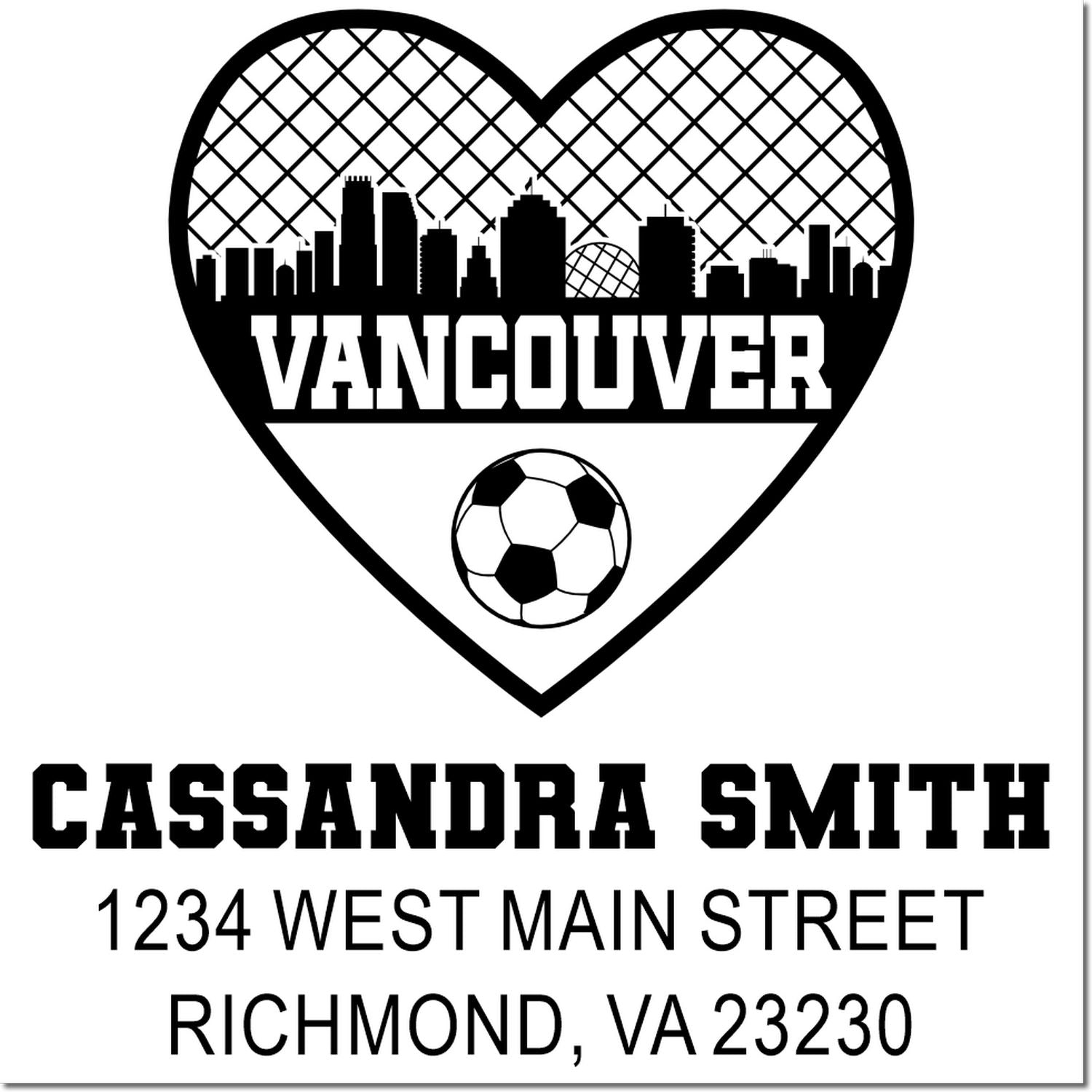 Personalized Vancouver rubber stamp design with heart skyline, soccer ball, Cassandra Smith name, and Richmond, VA address.