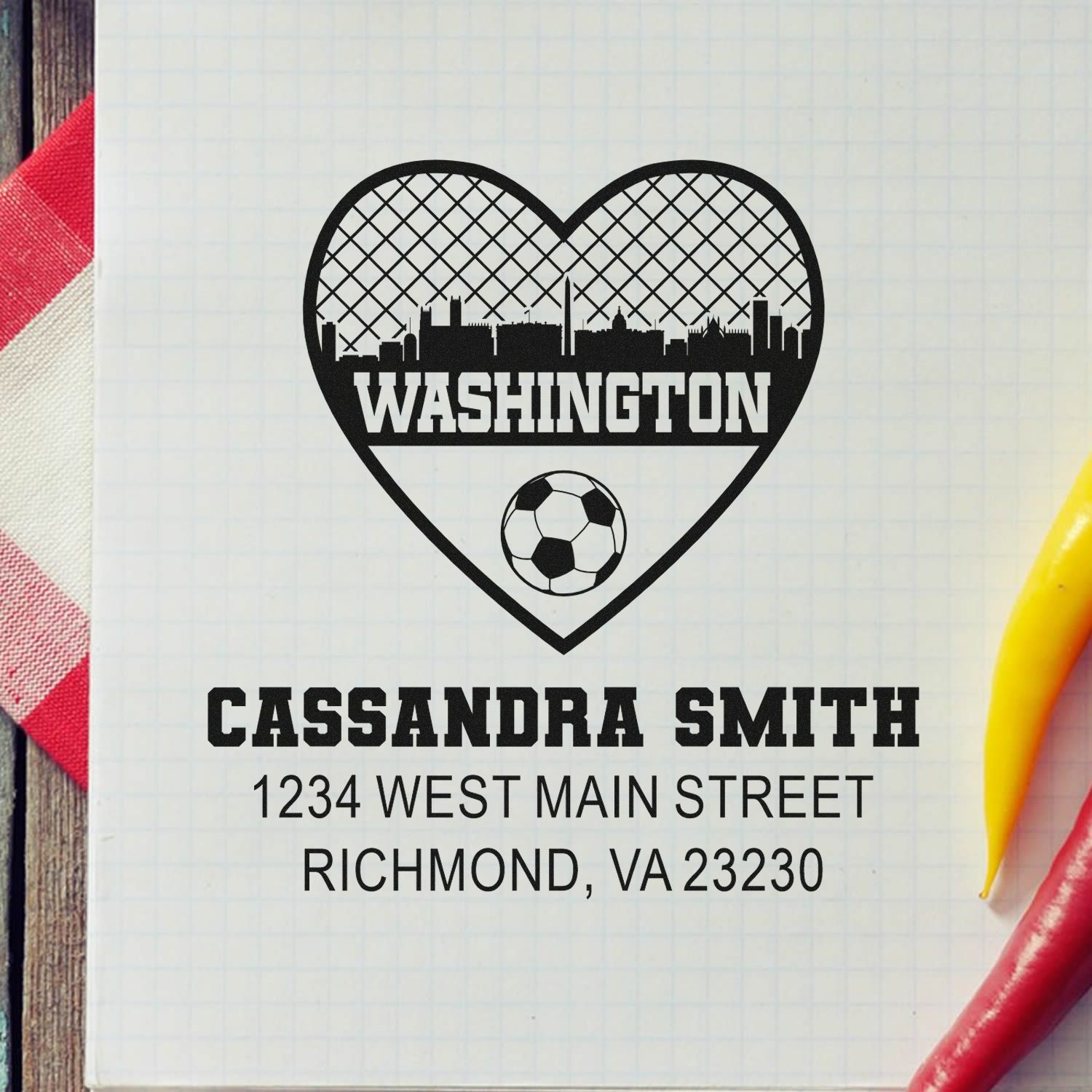 Custom personalized return address rubber stamp with Washington soccer heart design and Richmond, VA address.
