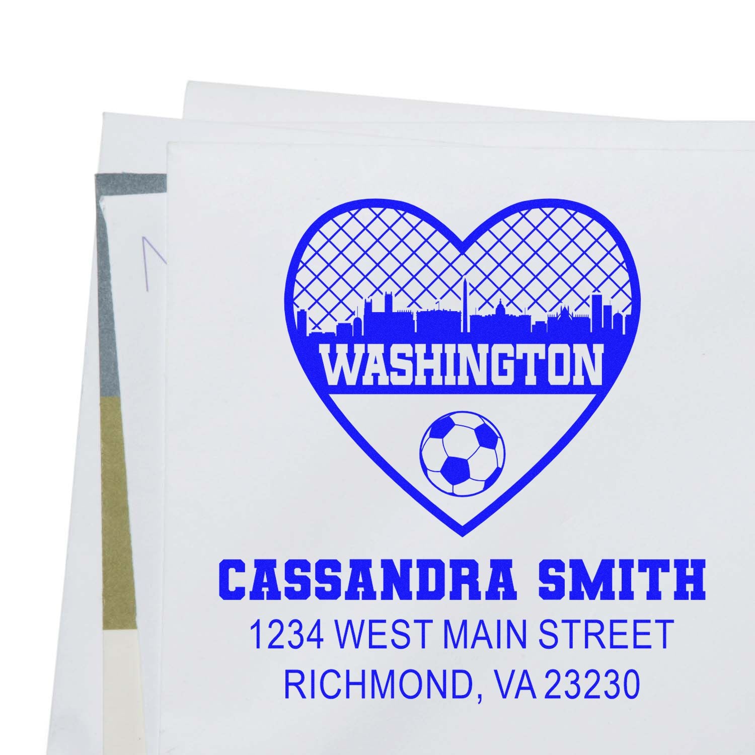 Custom address stamp with Washington skyline heart and soccer ball for Cassandra Smith, Richmond, VA.