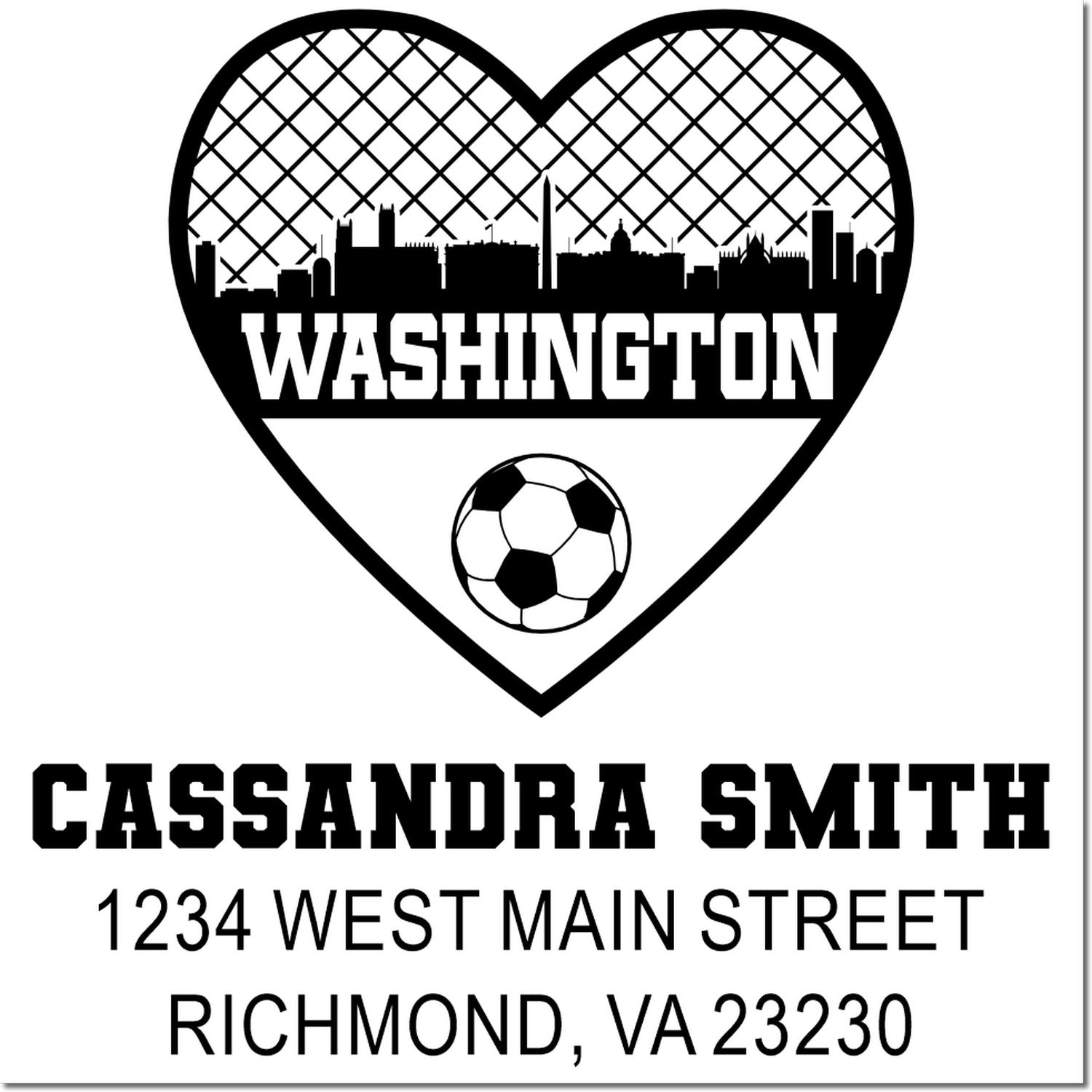 Custom rubber stamp with Washington heart skyline, soccer ball, and Cassandra Smith Richmond, VA return address.