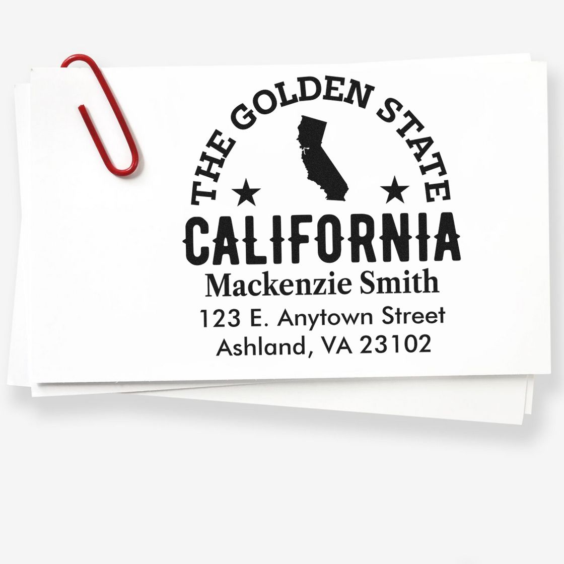 Personalized California return address rubber stamp with Golden State design, name, and address for envelopes.
