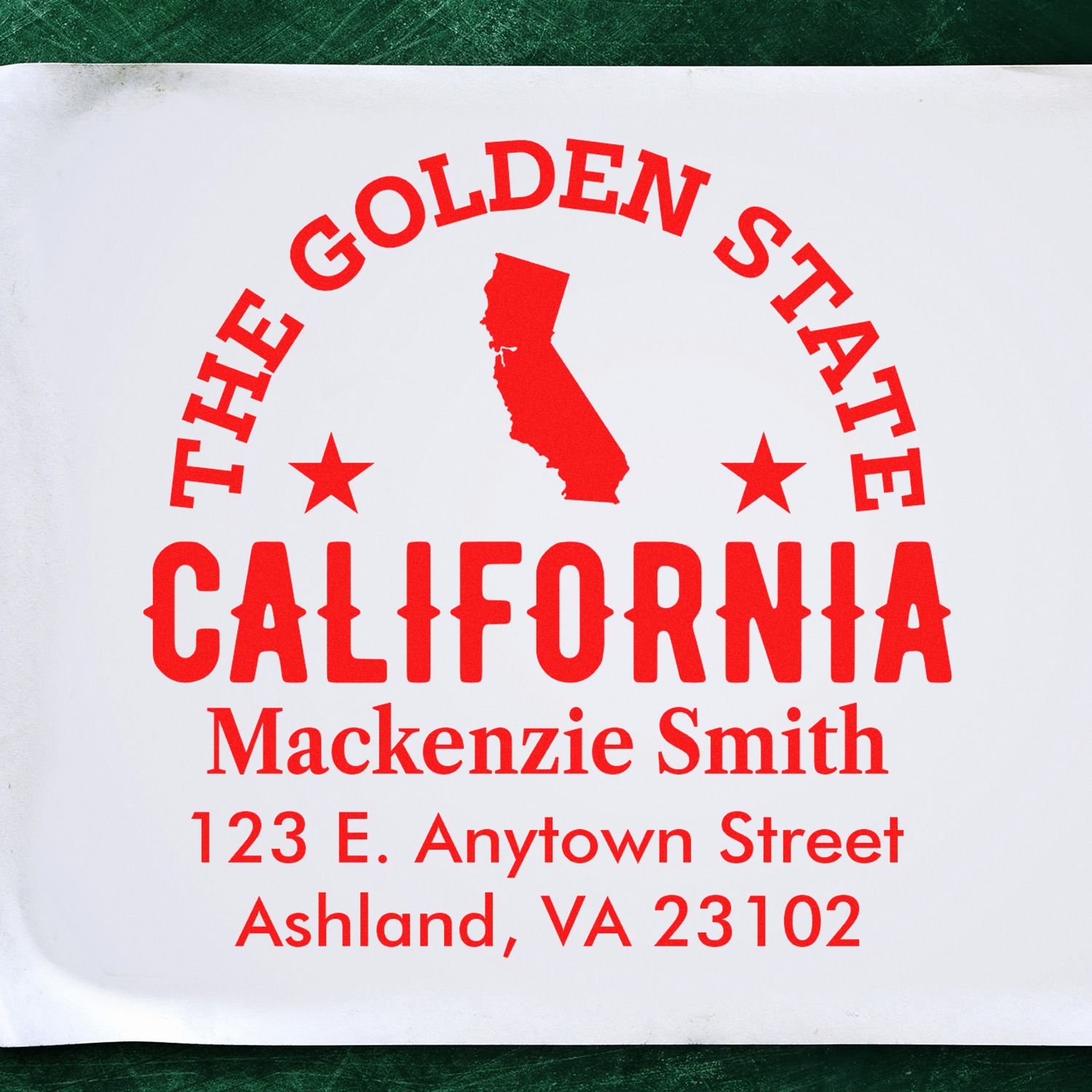 Custom California rubber stamp design reading The Golden State California with silhouette, stars, name and address.