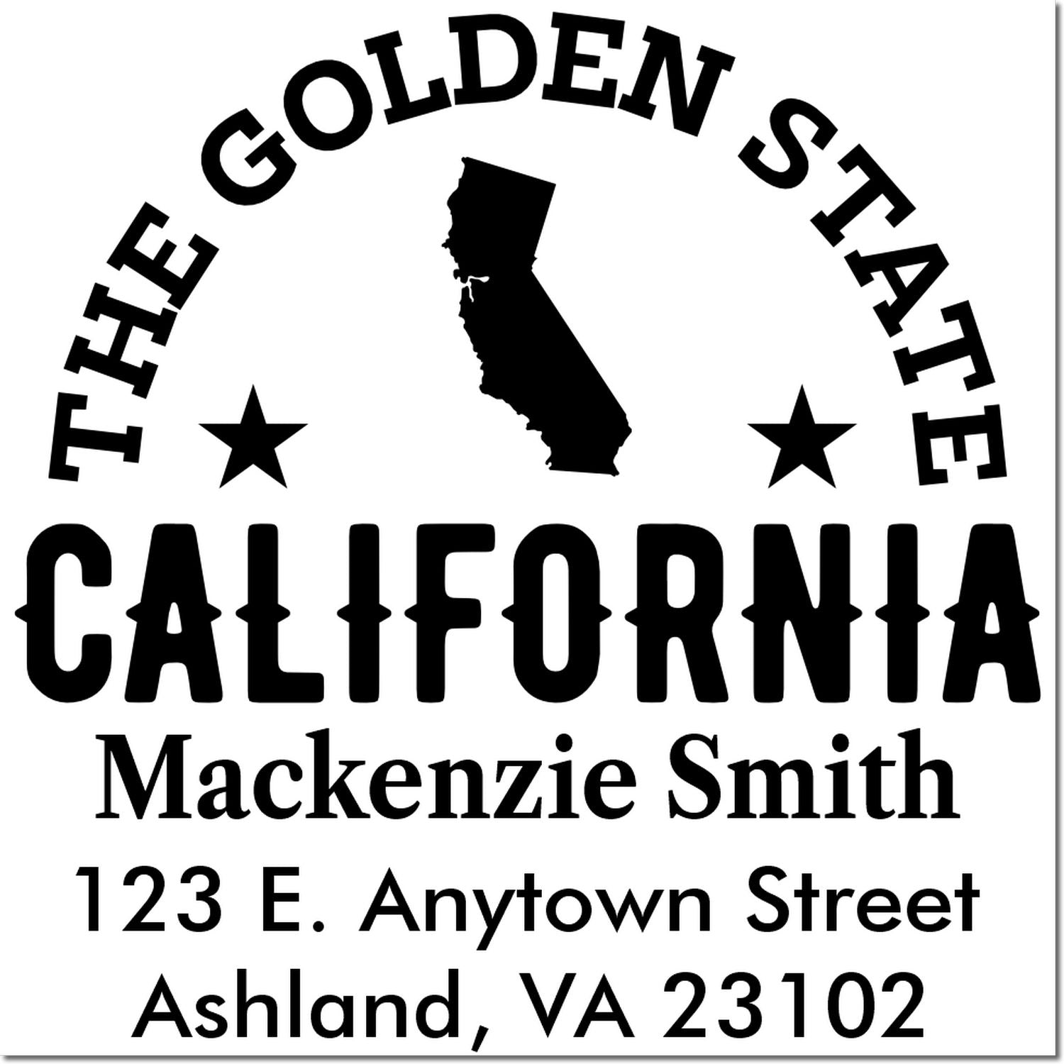 Custom California return address rubber stamp with Golden State design, California silhouette, and Mackenzie Smith address.