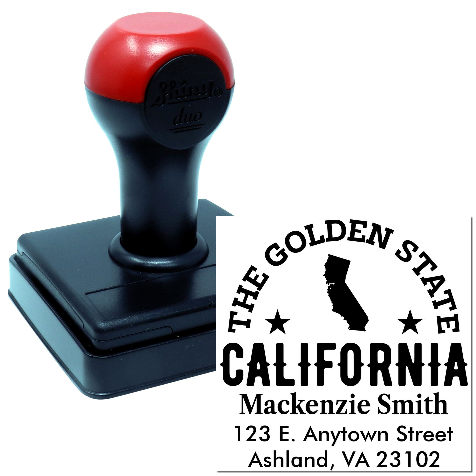 Personalized self-inking rubber address stamp with California return address design for Mackenzie Smith, Ashland, VA.