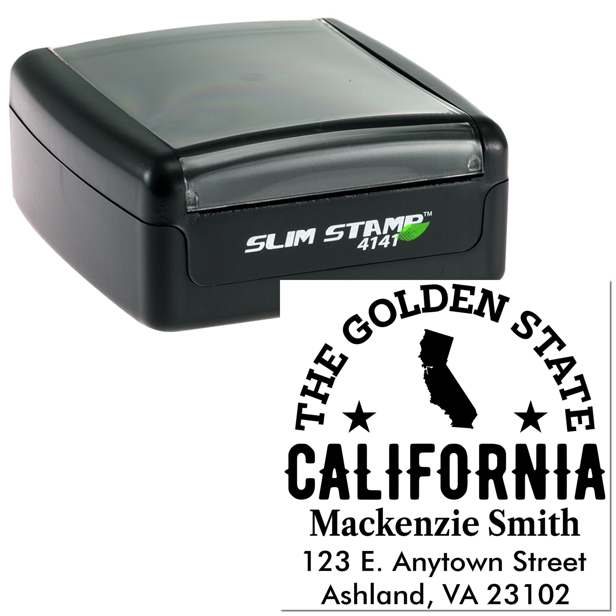 Custom California self-inking rubber address stamp with Slim Stamp 4141 case, featuring The Golden State return address