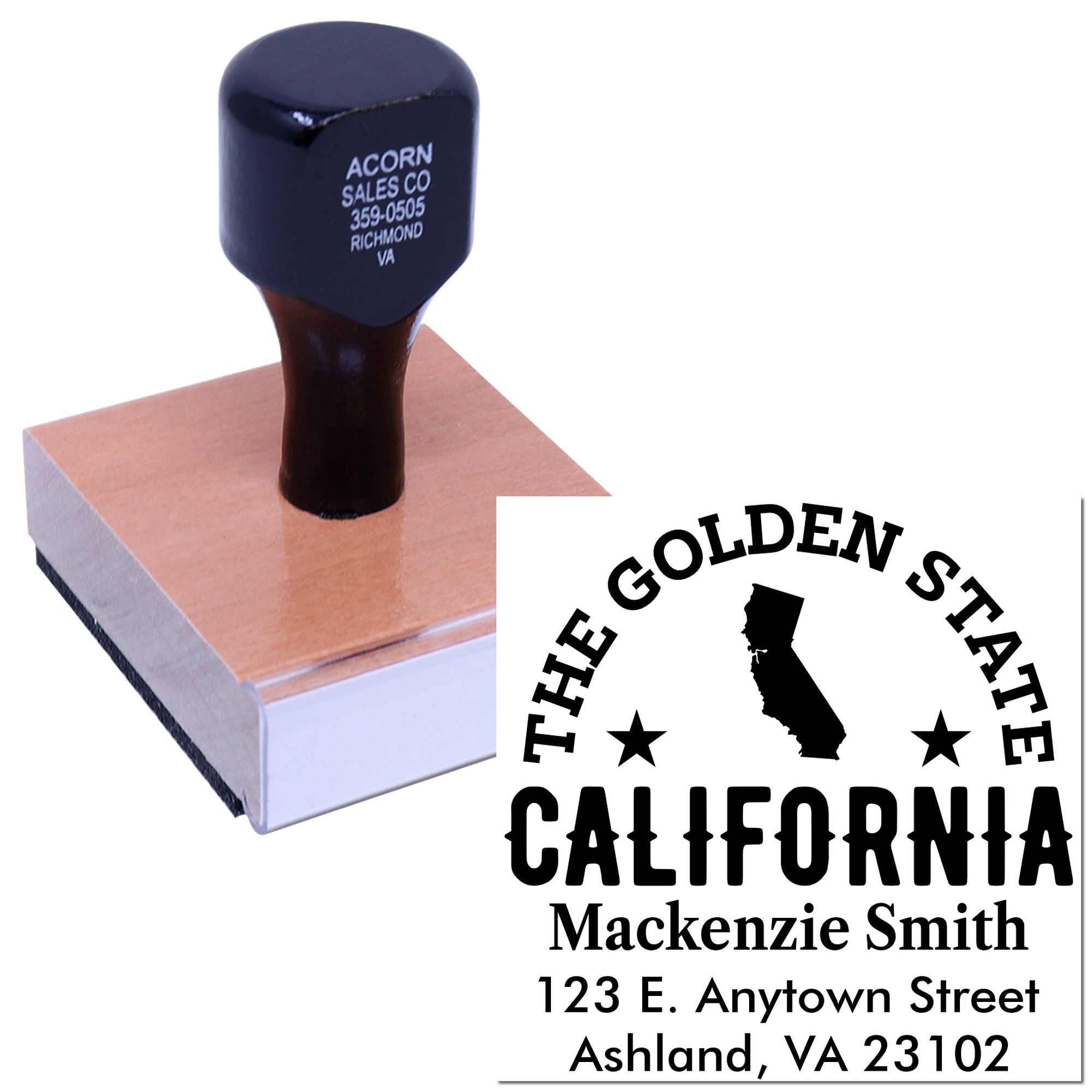 Custom California address rubber stamp with state outline, name, and mailing details for business correspondence.