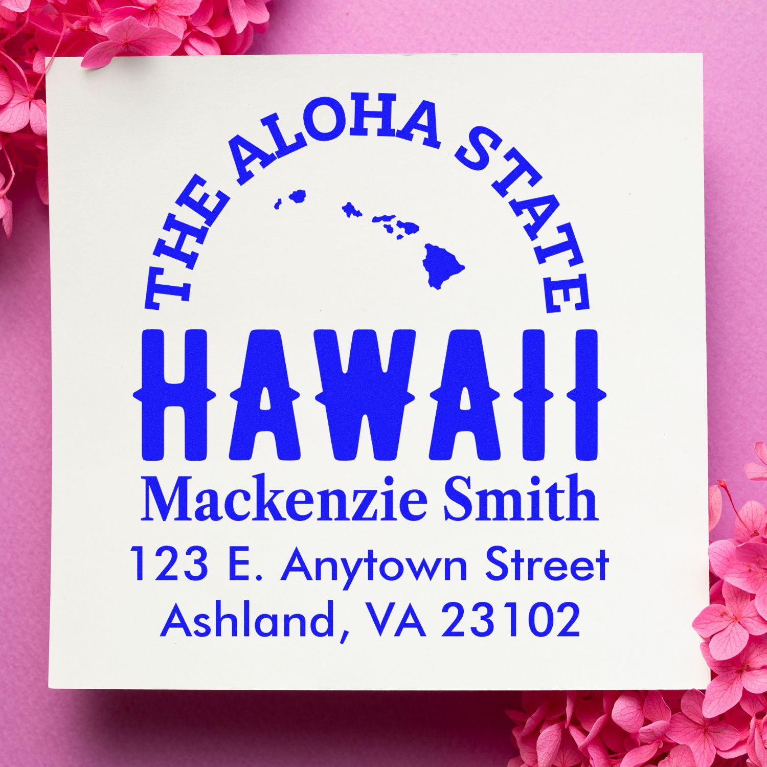 Custom Hawaii address rubber stamp with Aloha State design for Mackenzie Smith, Ashland, VA mailing and stationery.