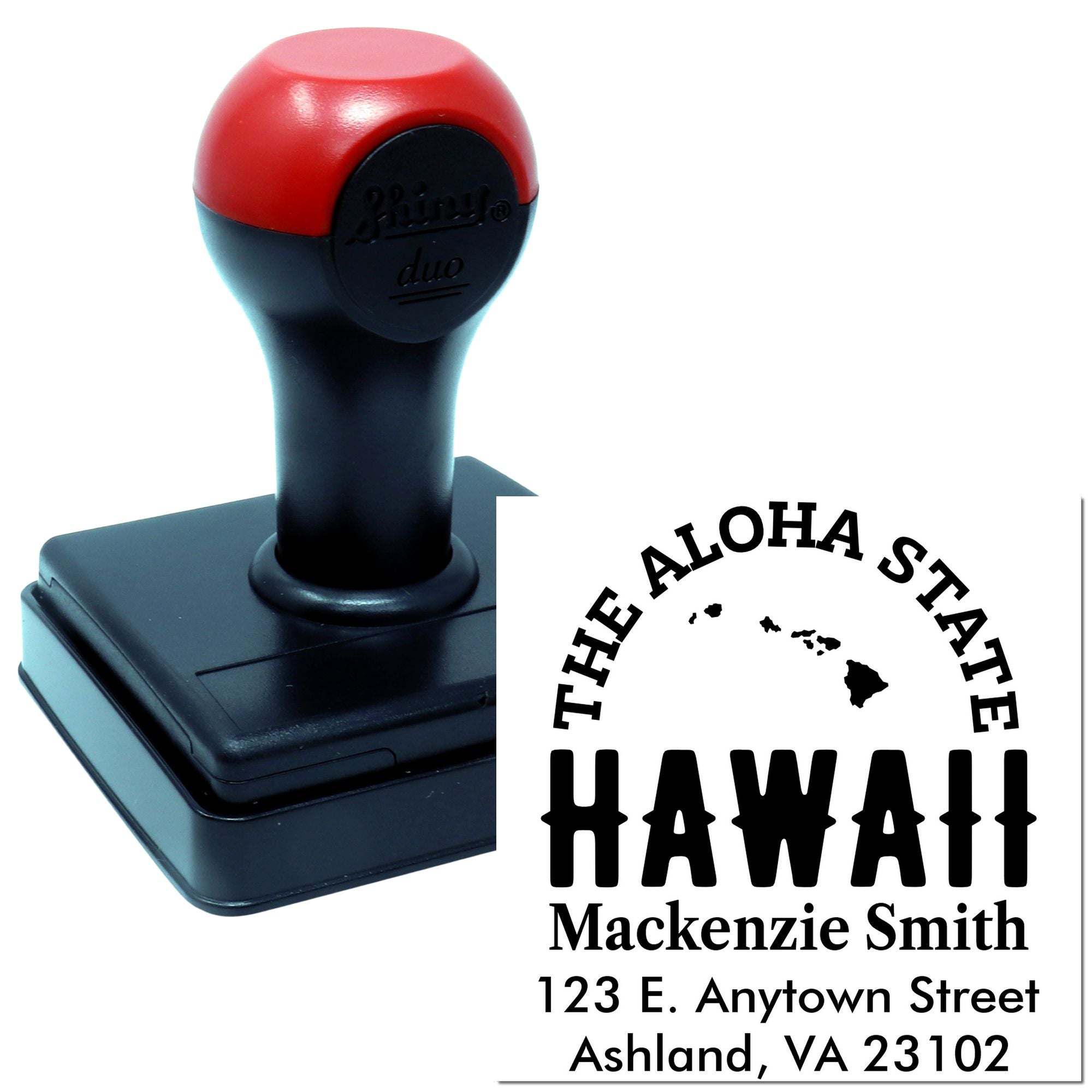 Custom Hawaii address stamp with self-inking rubber stamp and The Aloha State return address imprint.