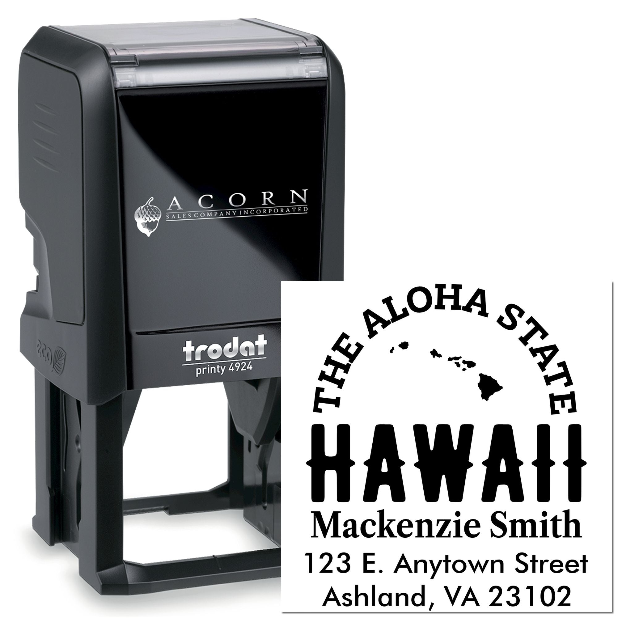 Custom self-inking Hawaii address stamp with state outline, name, and mailing address on Trodat Printy 4924 rubber stamp