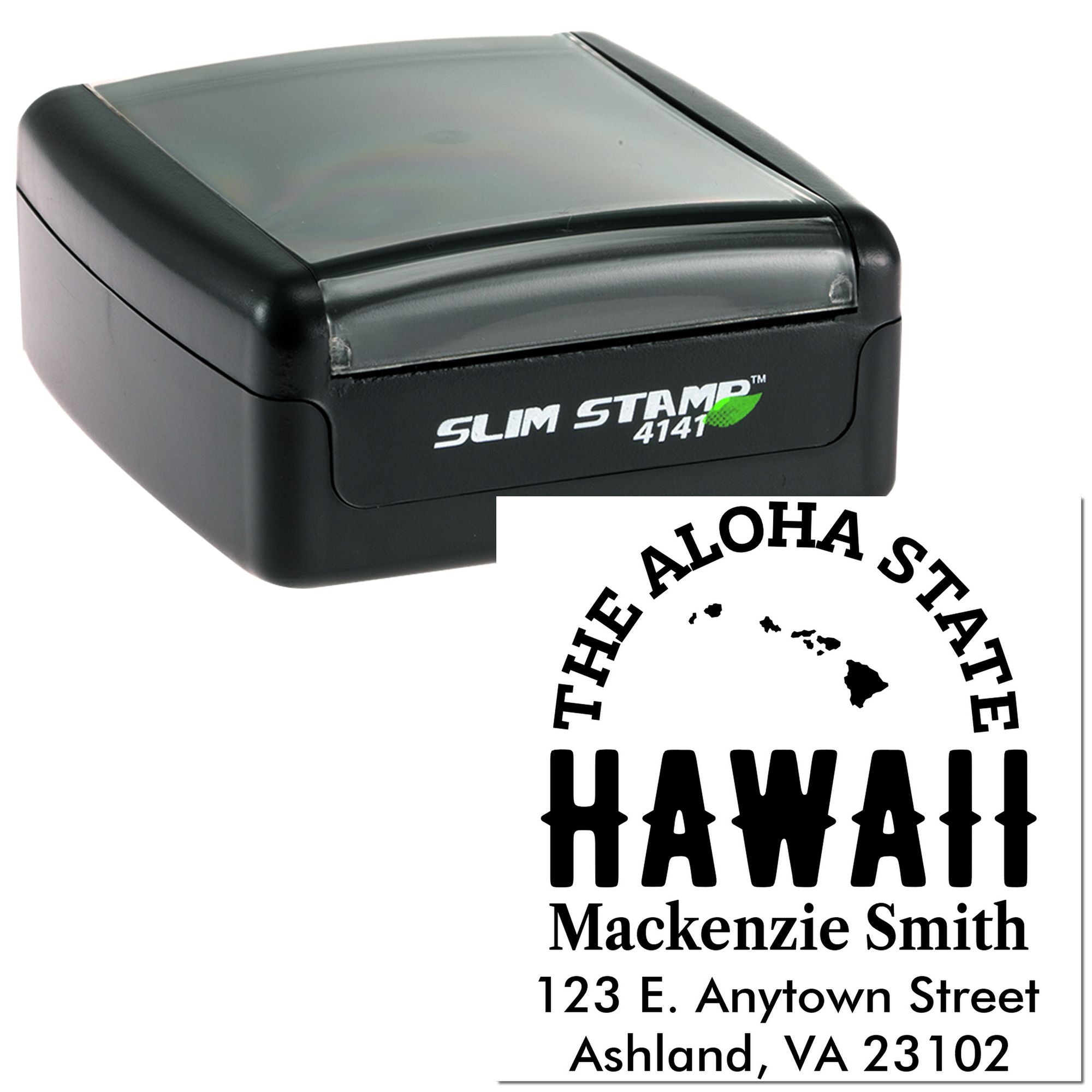 Custom Hawaii return address rubber stamp with The Aloha State imprint and self-inking stamp.