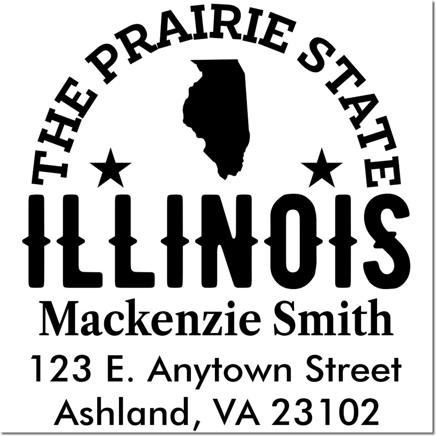 Custom Illinois address rubber stamp with Prairie State design, name, and mailing address for personalized business or home use.