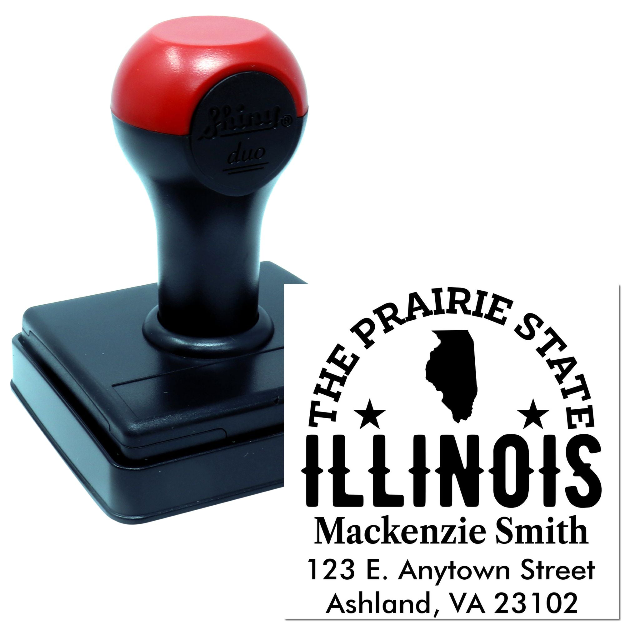 Custom self-inking rubber stamp with Illinois address design, Prairie State logo, and personalized name.