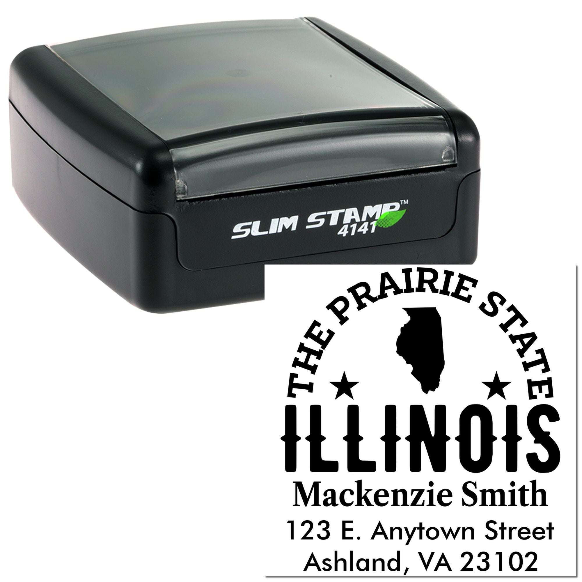 Custom Illinois Prairie State address rubber stamp with name and mailing address, shown on a Slim Stamp 4141 case.