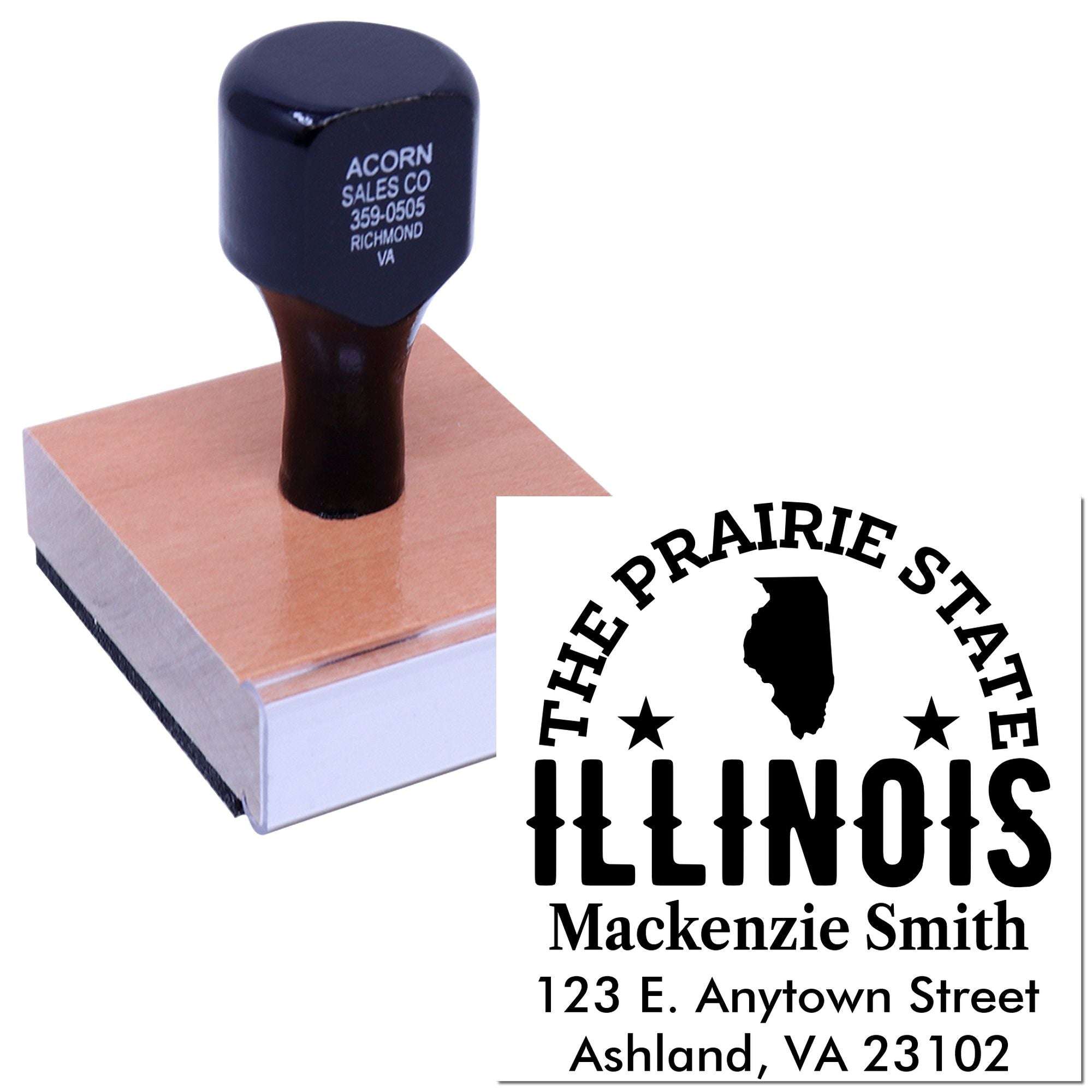 Custom Illinois address rubber stamp with Prairie State logo, name, and return mailing address.