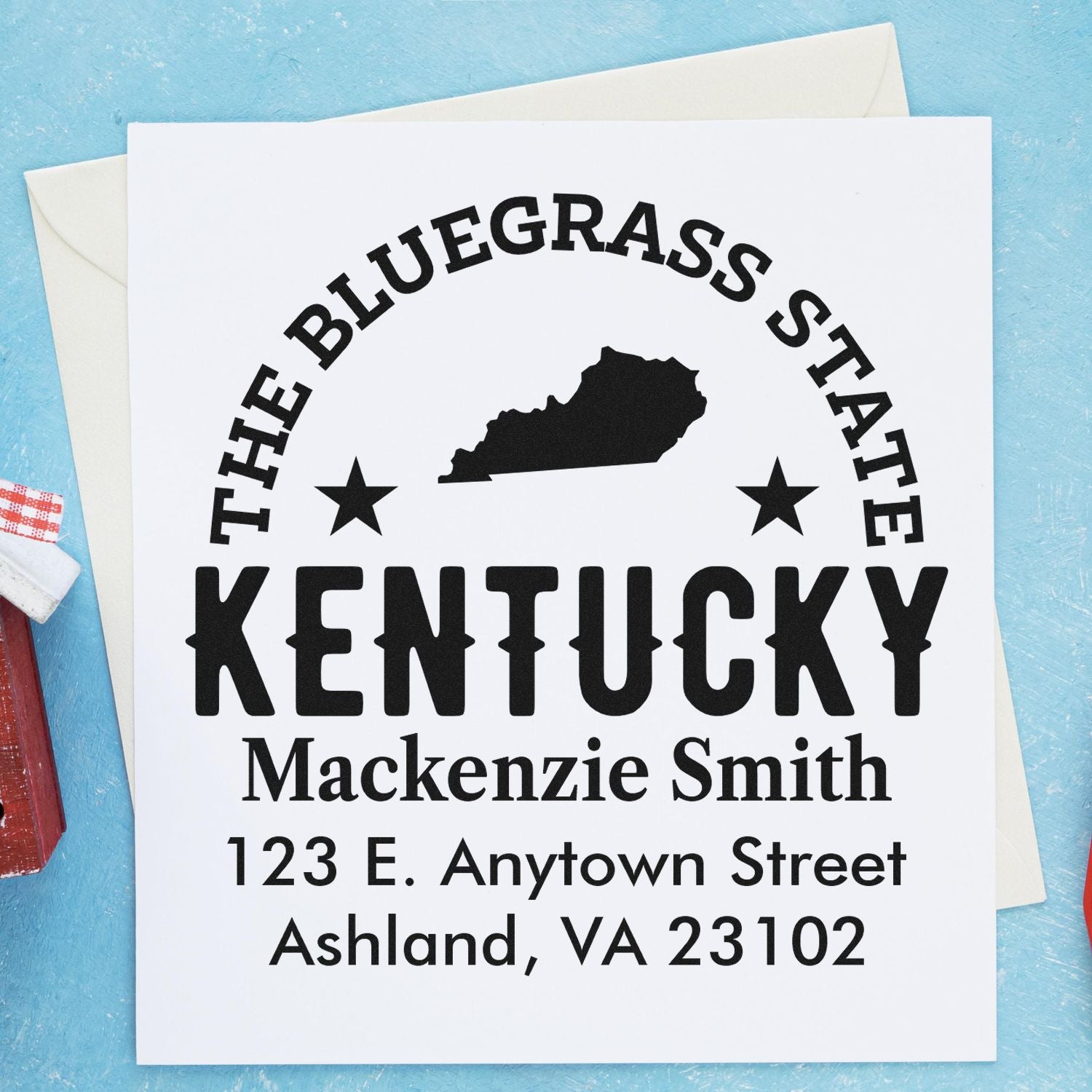 Kentucky custom return address rubber stamp with state silhouette, name, and Ashland, VA address.