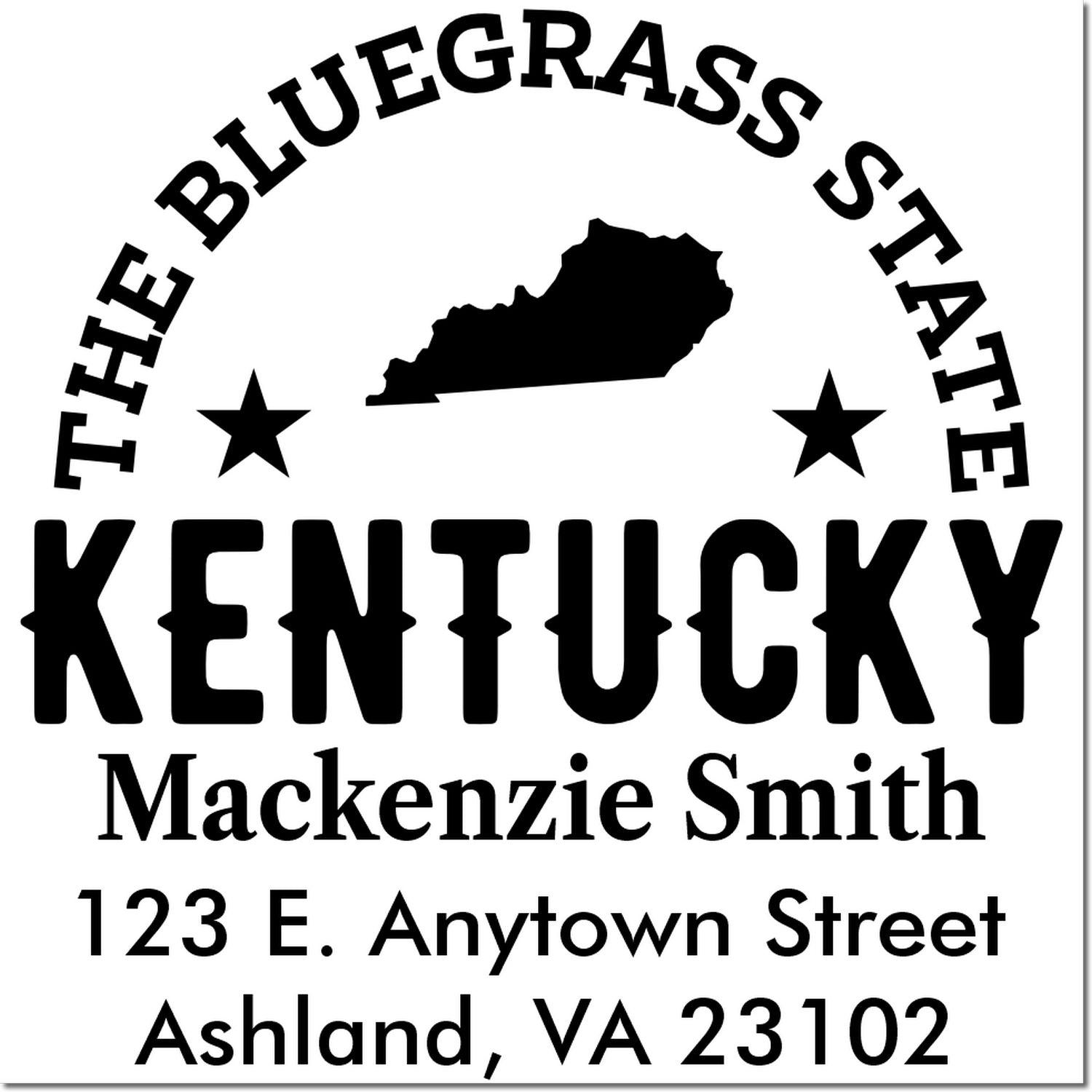 Custom Kentucky address rubber stamp with Bluegrass State design, Mackenzie Smith, 123 E. Anytown St., Ashland, VA 23102.