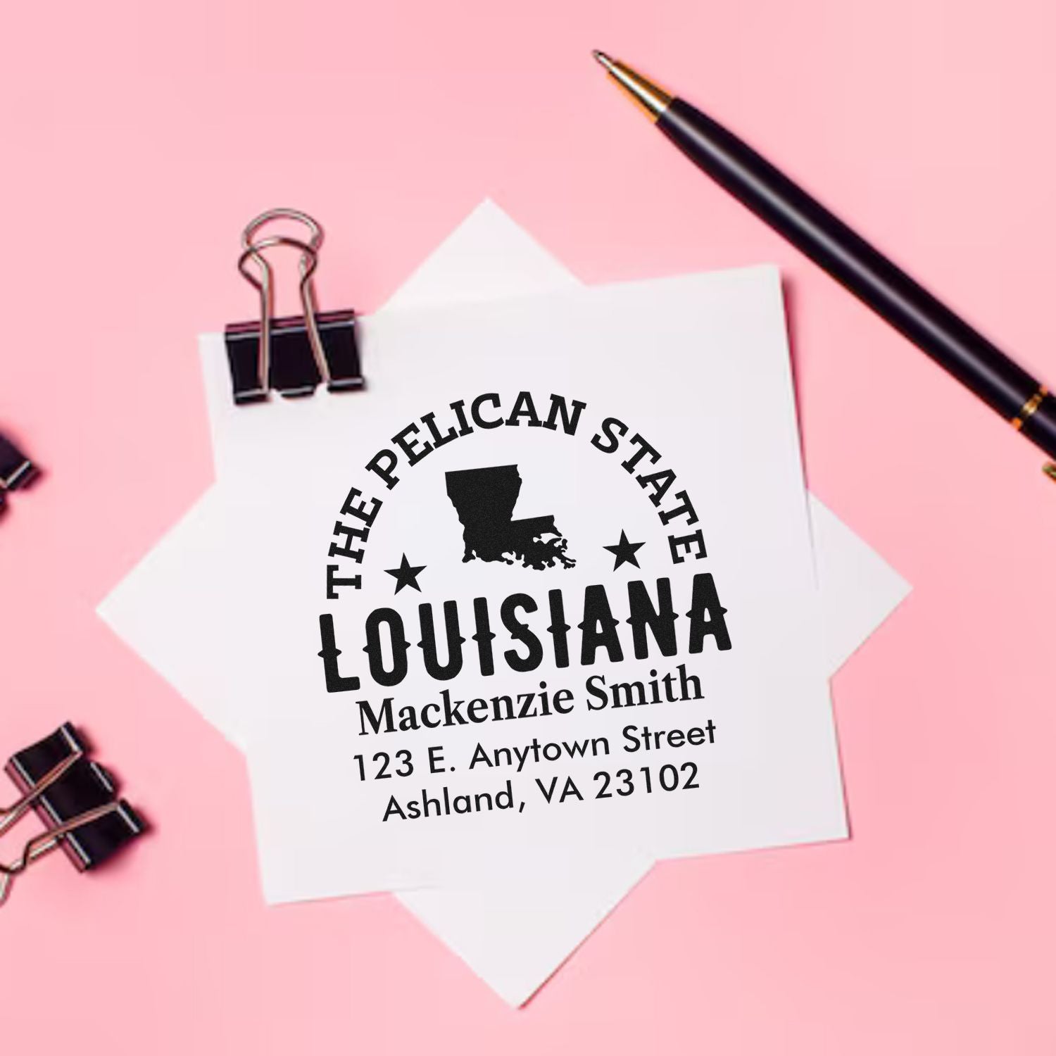 Custom Louisiana return address rubber stamp with The Pelican State design, name, and address for Mackenzie Smith.