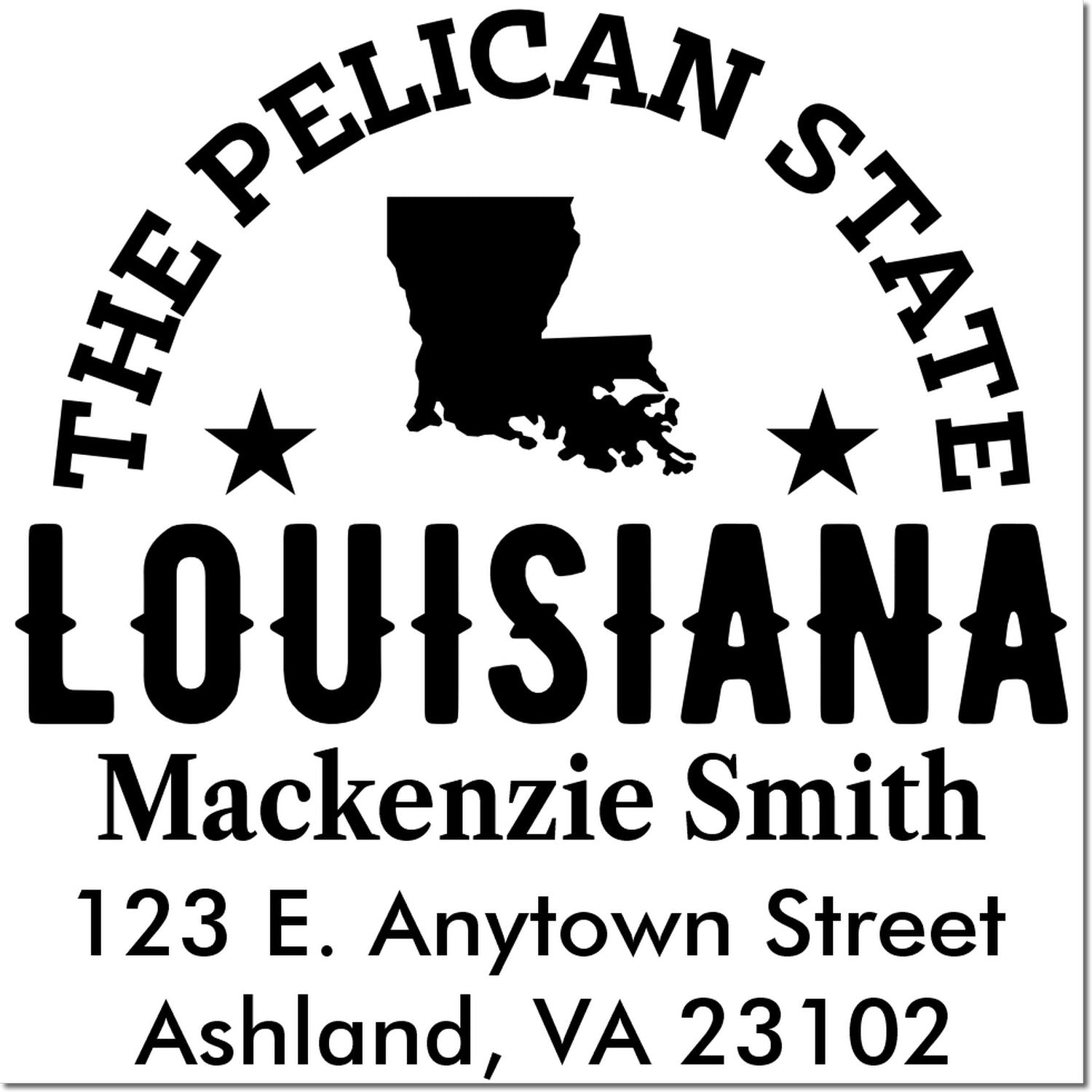 Custom Louisiana return address rubber stamp with Pelican State design, name, and mailing address.