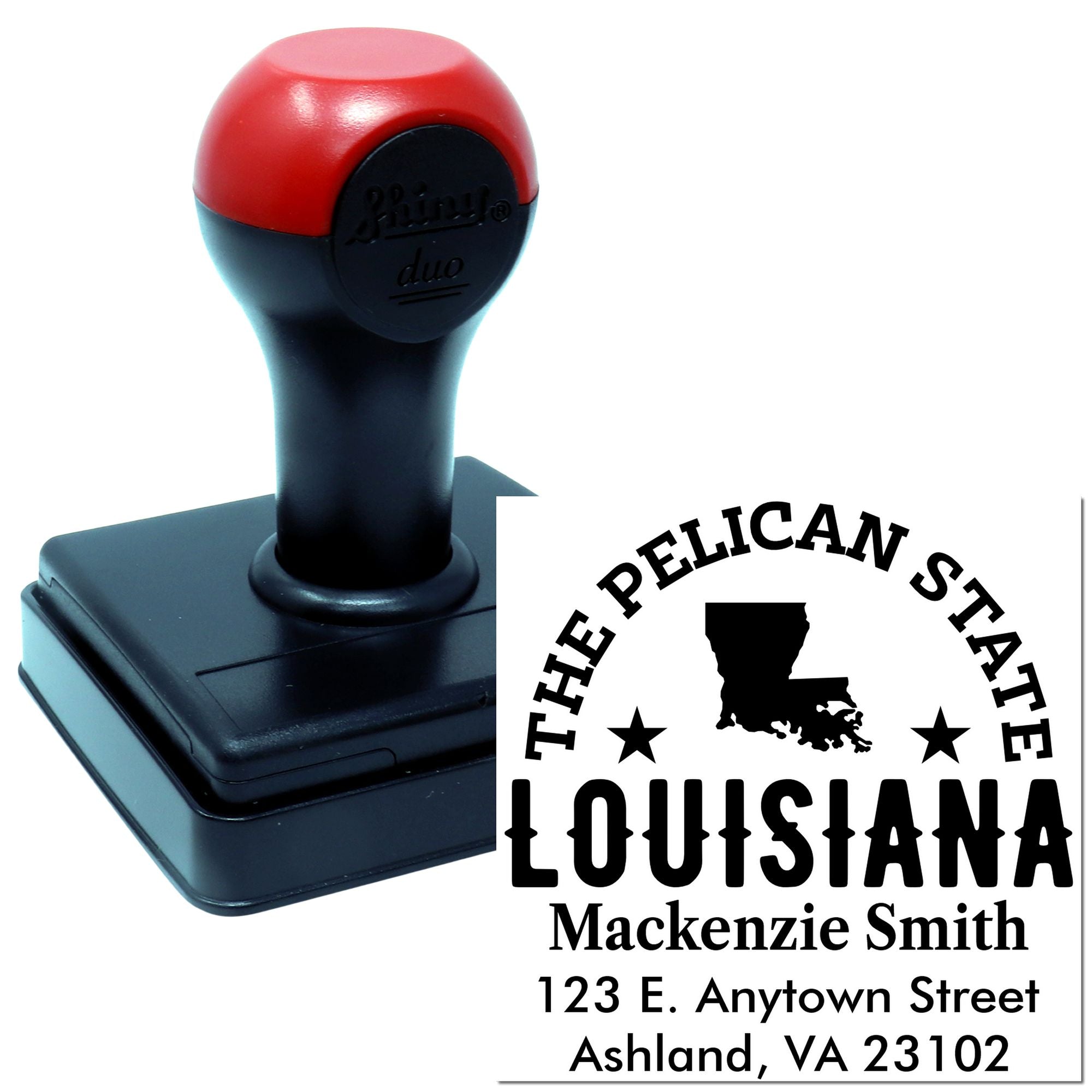 Personalized Louisiana rubber stamp with Pelican State design, name, and address for envelopes and business mail.