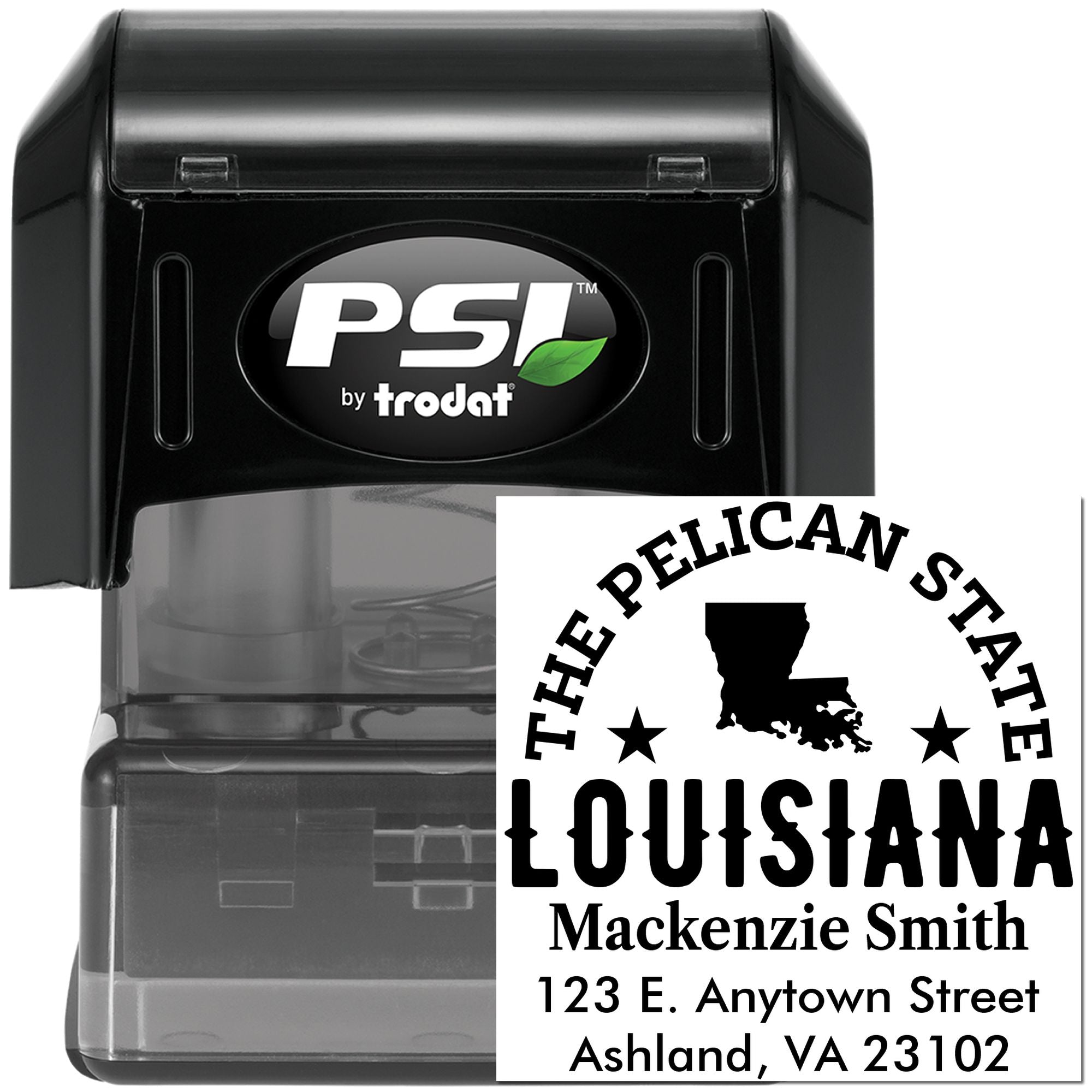 PSI by Trodat self-inking rubber stamp with custom Louisiana return address design for personalized mailing and business use.