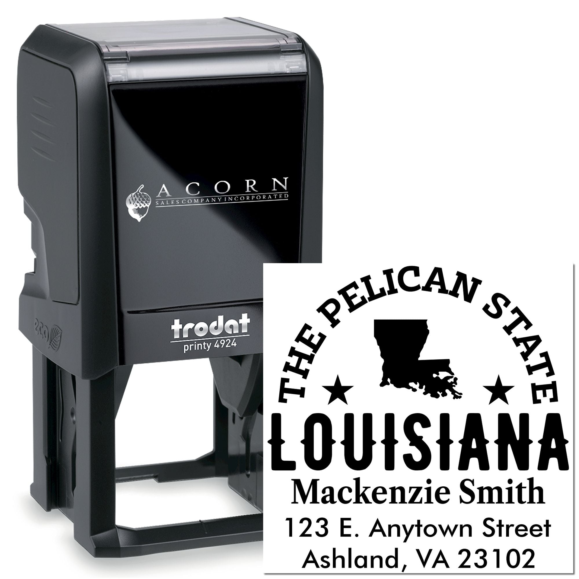 Custom self-inking rubber address stamp with Louisiana Pelican State design, Trodat Printy 4924 for business mailing.