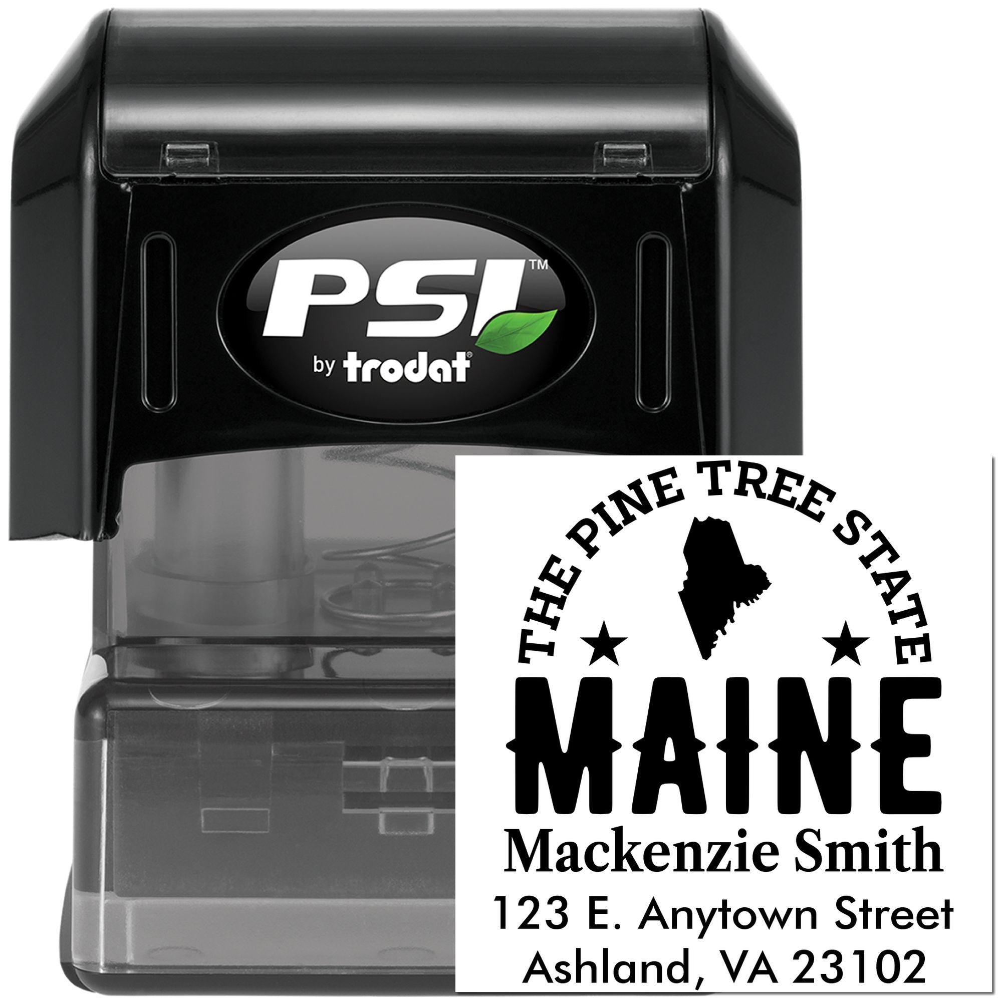 Custom Maine address rubber stamp with pine tree state design, ideal self-inking PSI by Trodat stamp for mail and business.