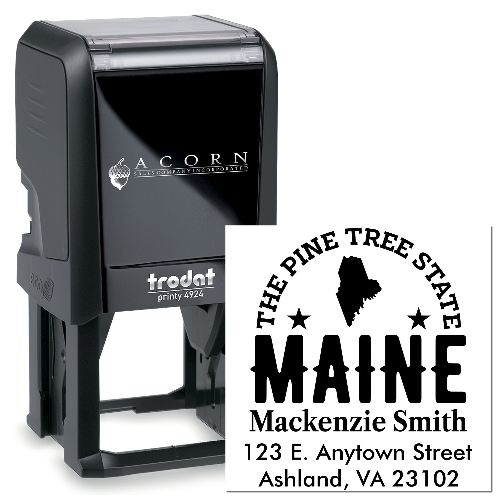 Custom Maine Pine Tree State self-inking rubber address stamp with name and address for business mailing use