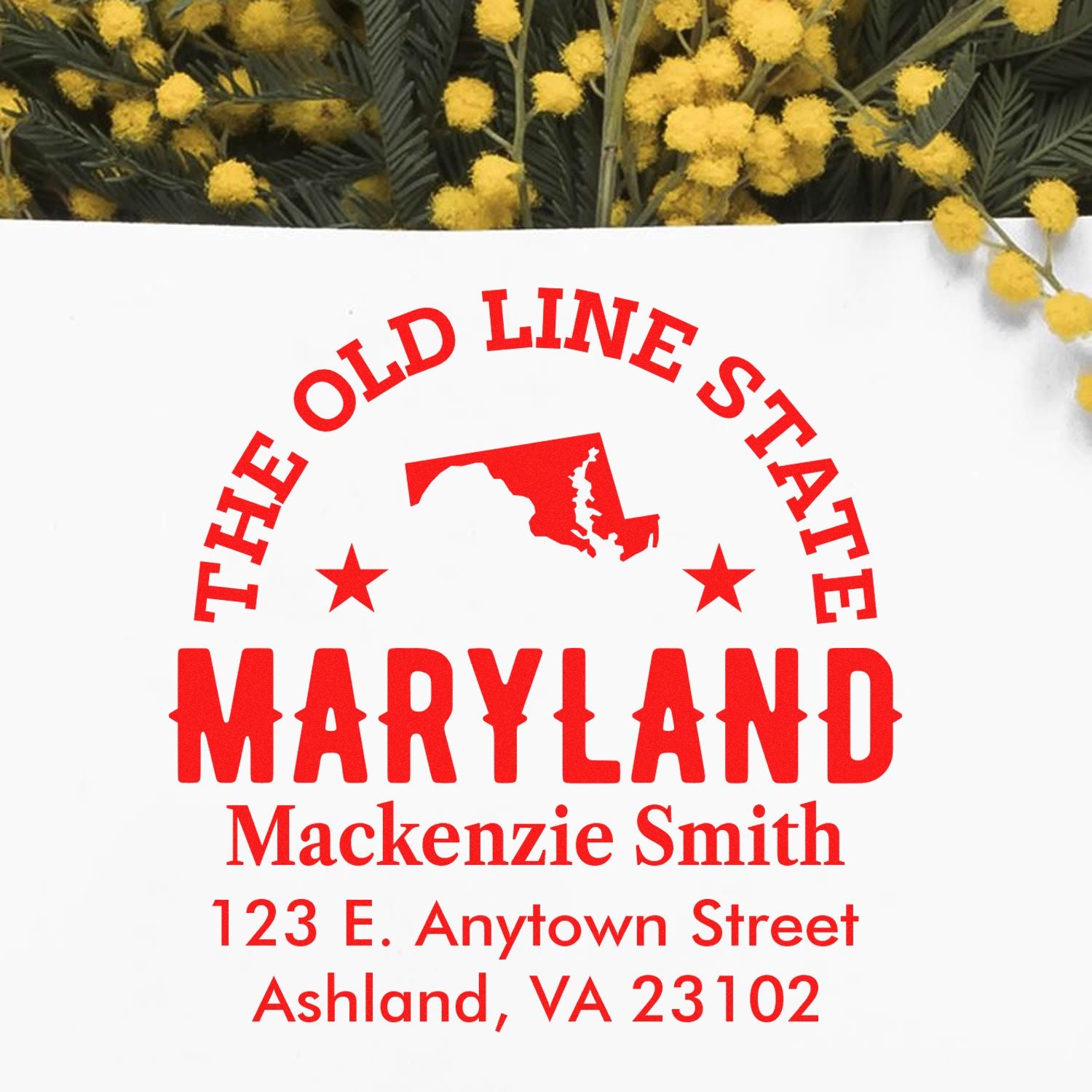 Custom Maryland rubber address stamp for Mackenzie Smith with Old Line State design and full return address.