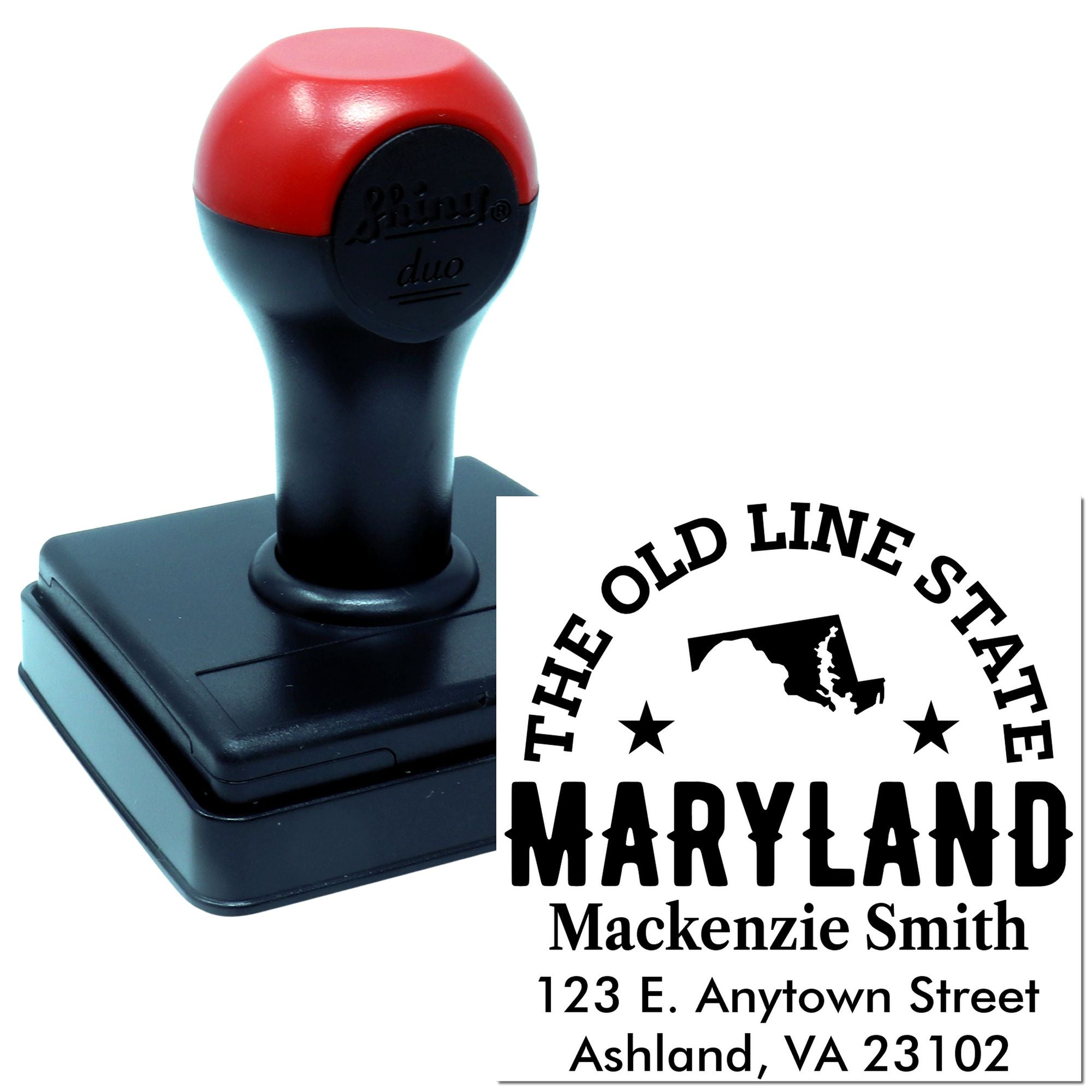 Custom self-inking Maryland rubber stamp with The Old Line State design and return address for personalized mail.