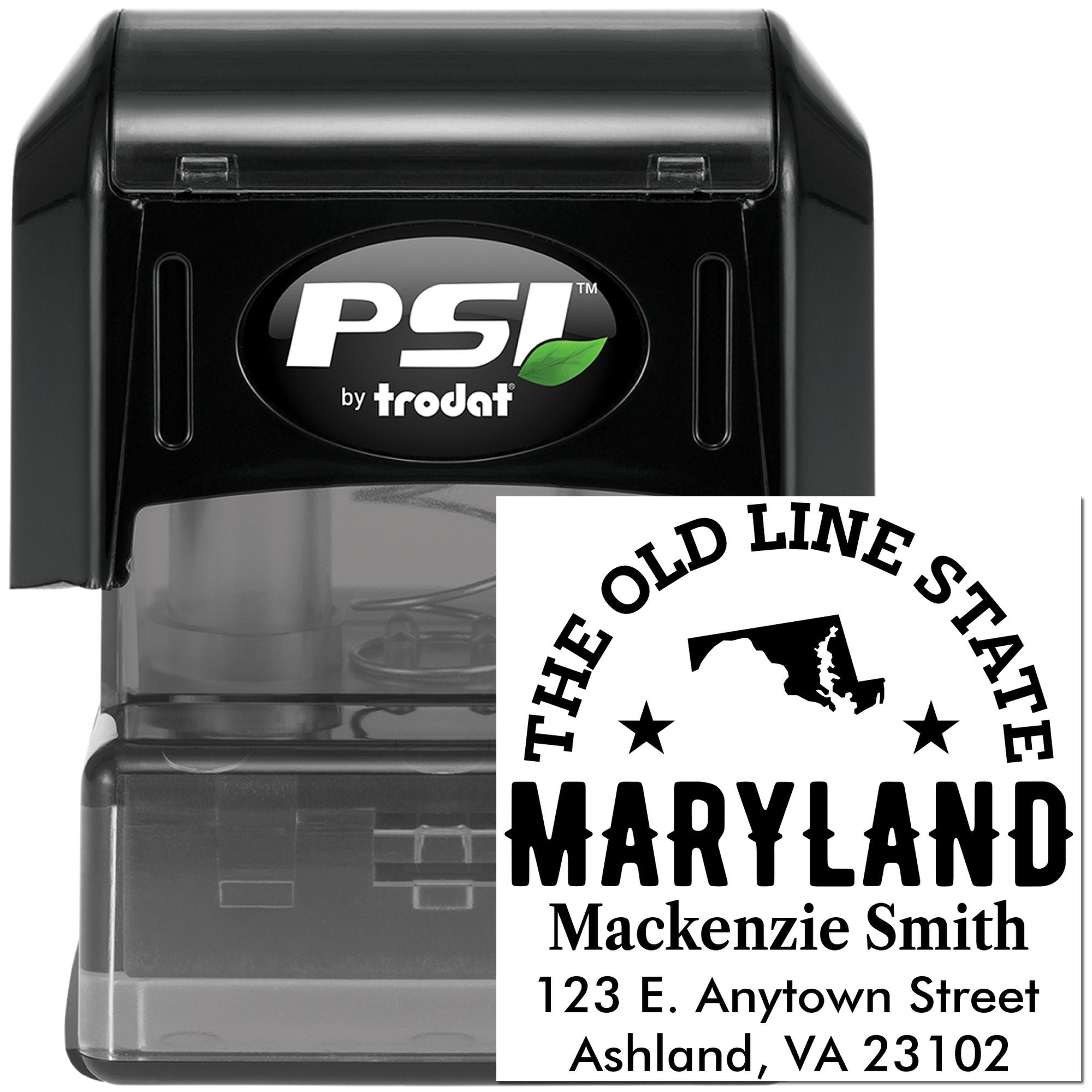 Custom self-inking rubber stamp for Maryland address labels, PSI by Trodat with The Old Line State return address impression.