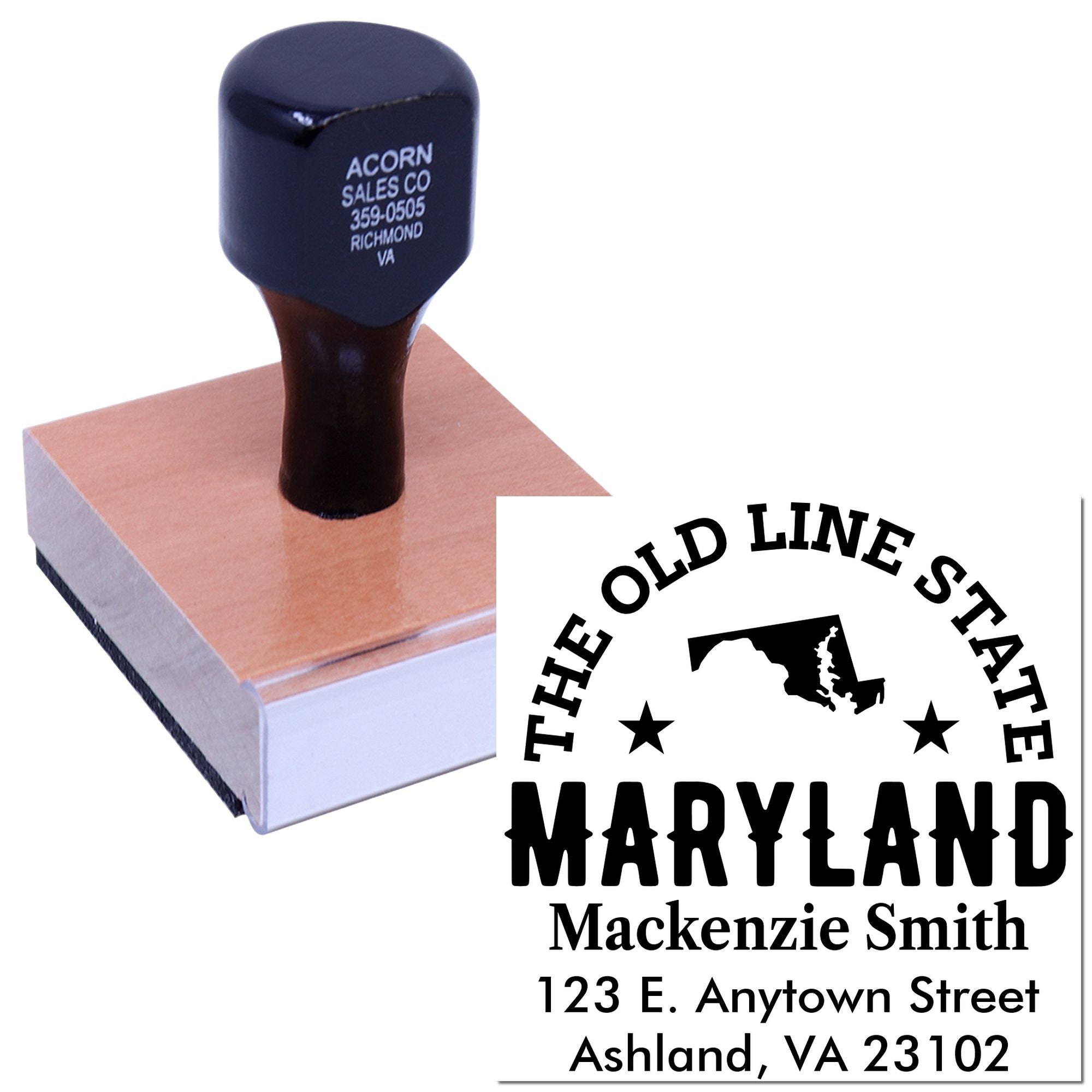Custom Maryland address rubber stamp with family name and return address imprint for envelopes and mailings.