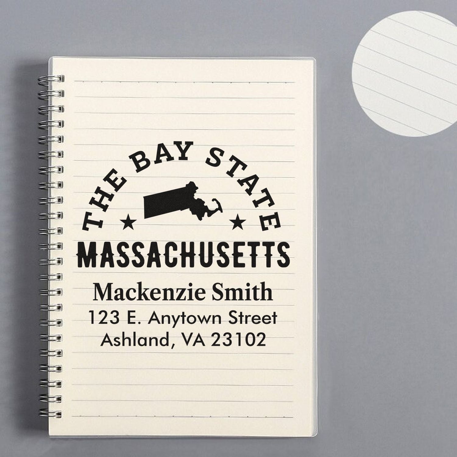 Custom Massachusetts address rubber stamp with The Bay State design for personalized envelopes and stationery.