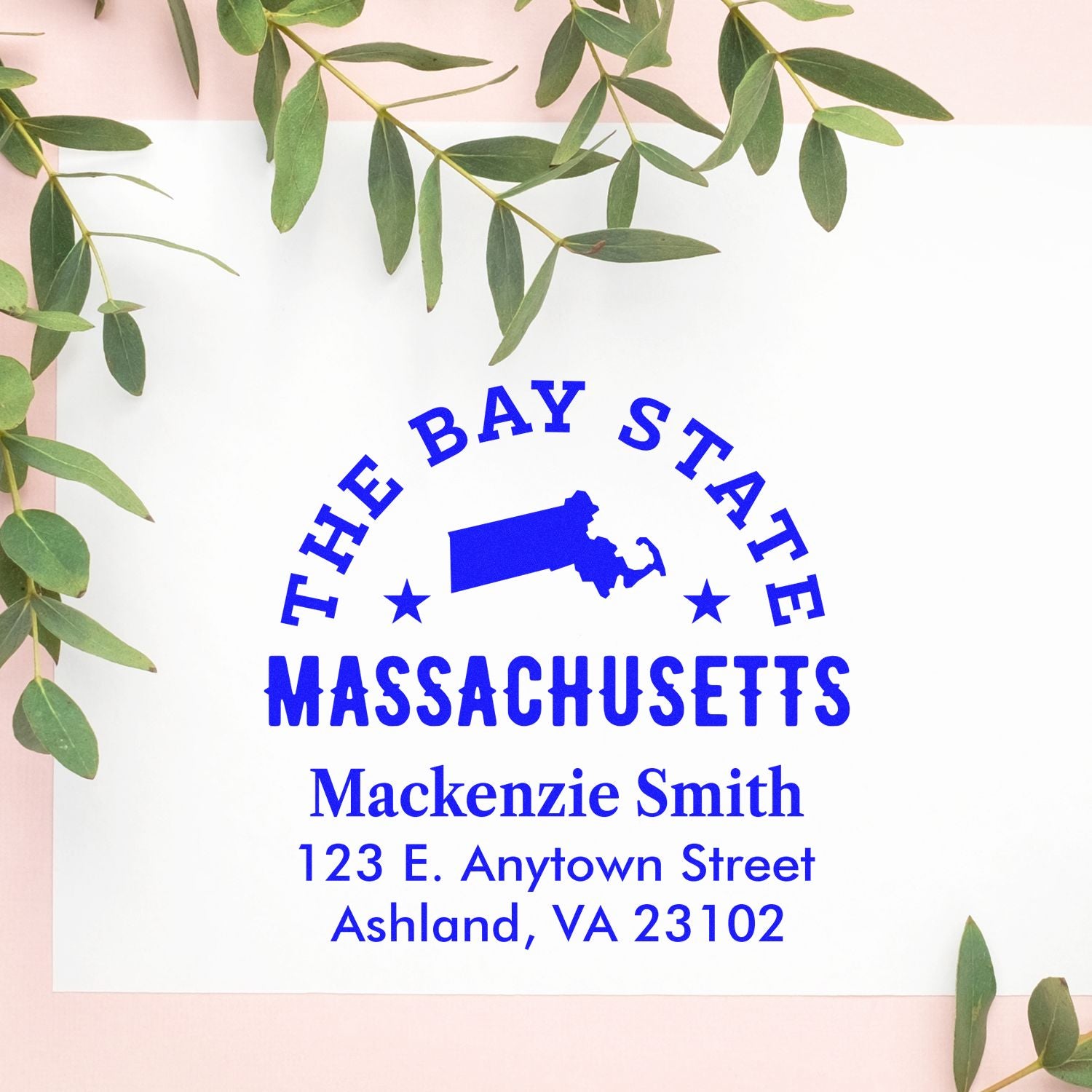 Custom Massachusetts return address rubber stamp with The Bay State design, name, and address.