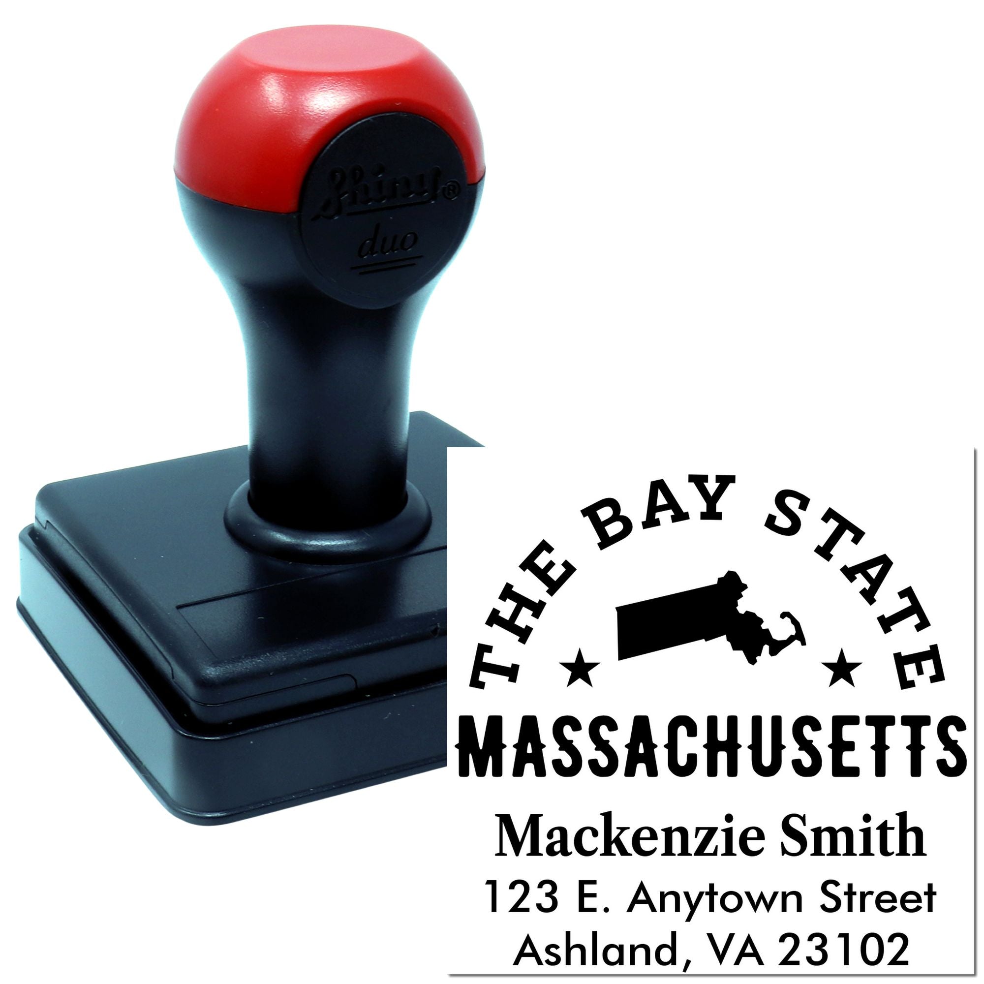 Custom self-inking rubber stamp with Massachusetts return address imprint and personalized The Bay State design.
