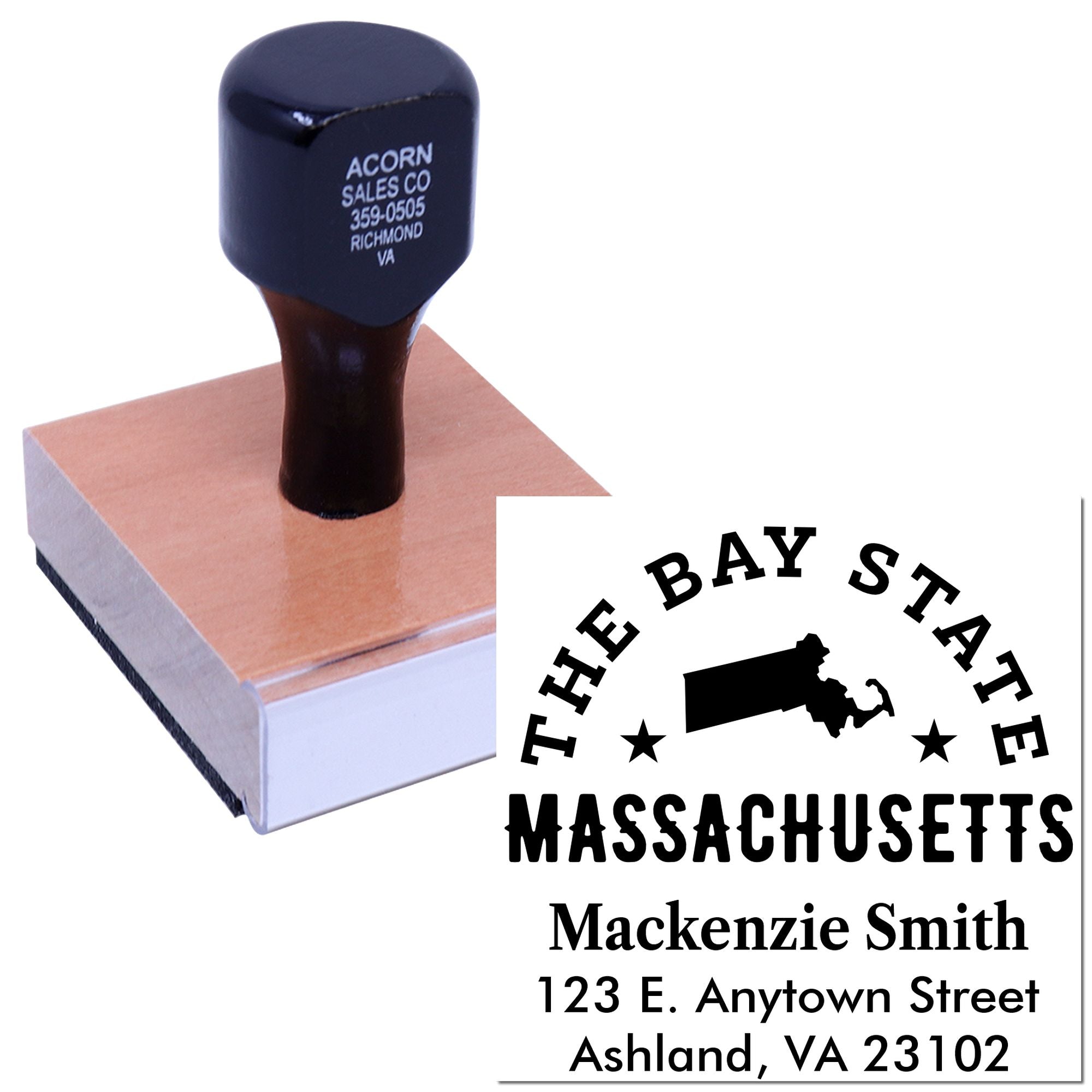 Custom Massachusetts return address rubber stamp with state seal and personalized mailing details.