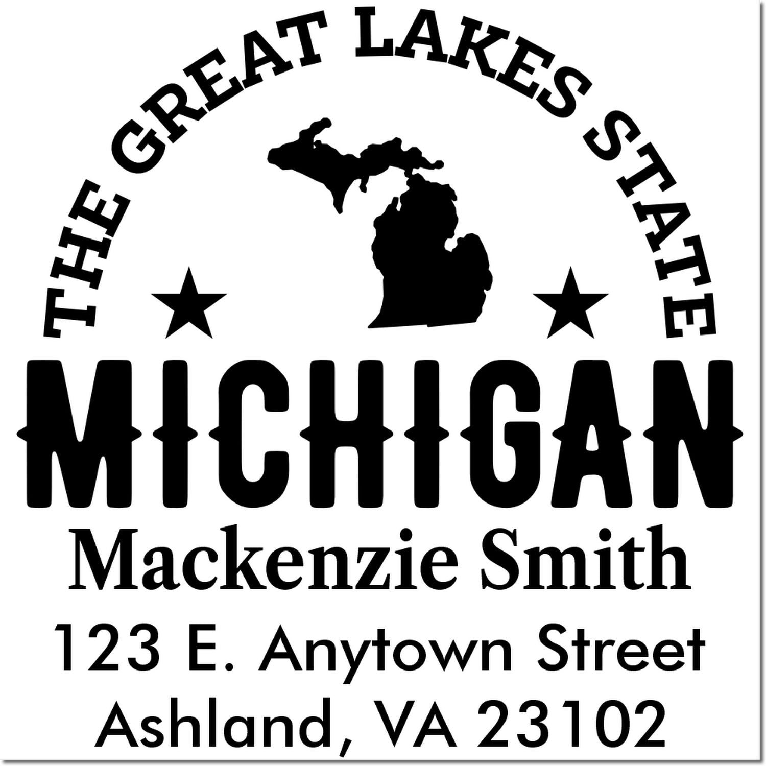 Custom Michigan Great Lakes State address rubber stamp with Mackenzie Smith name and Ashland, VA 23102.