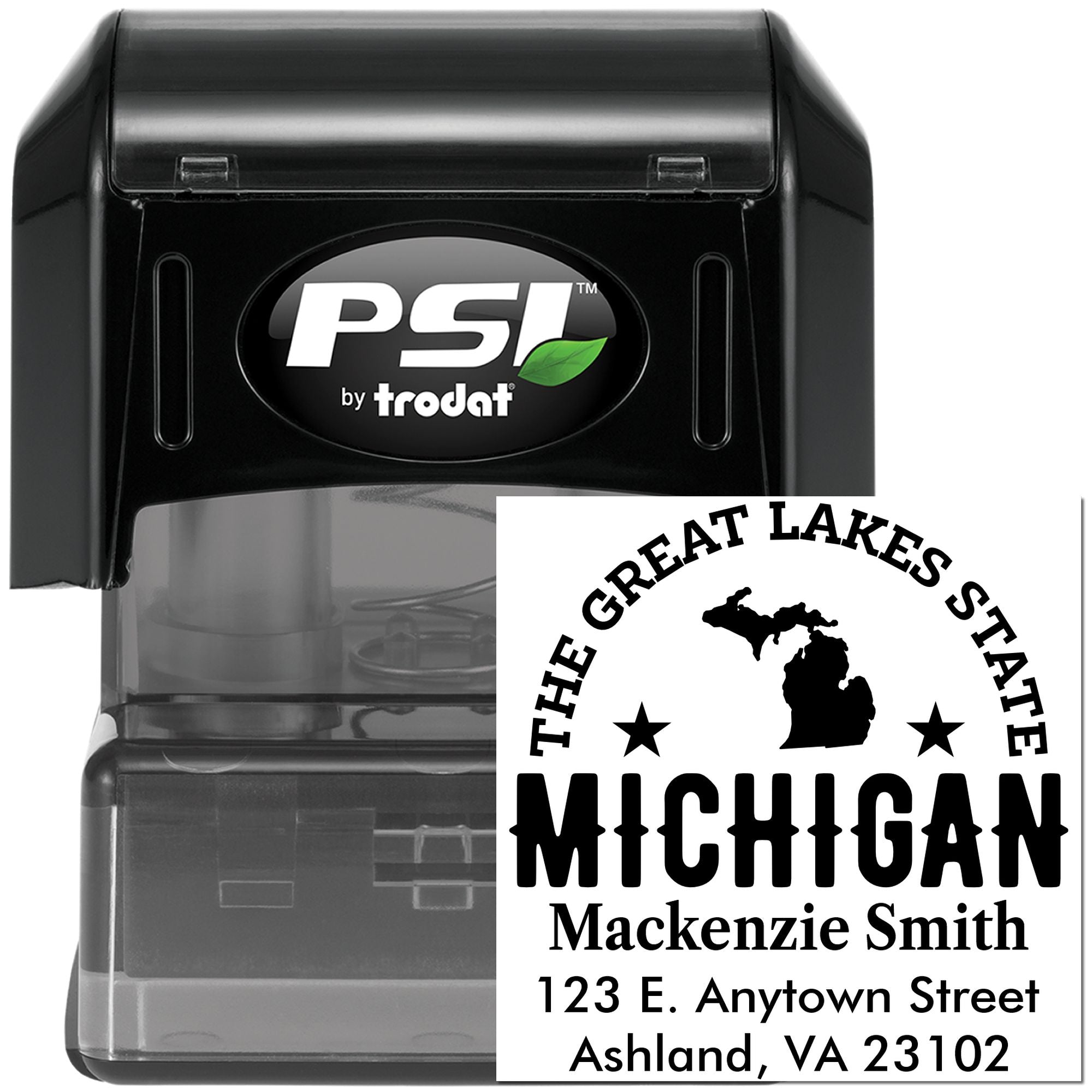 Custom self-inking Michigan address stamp with Great Lakes State design for personalized mailing and business use.