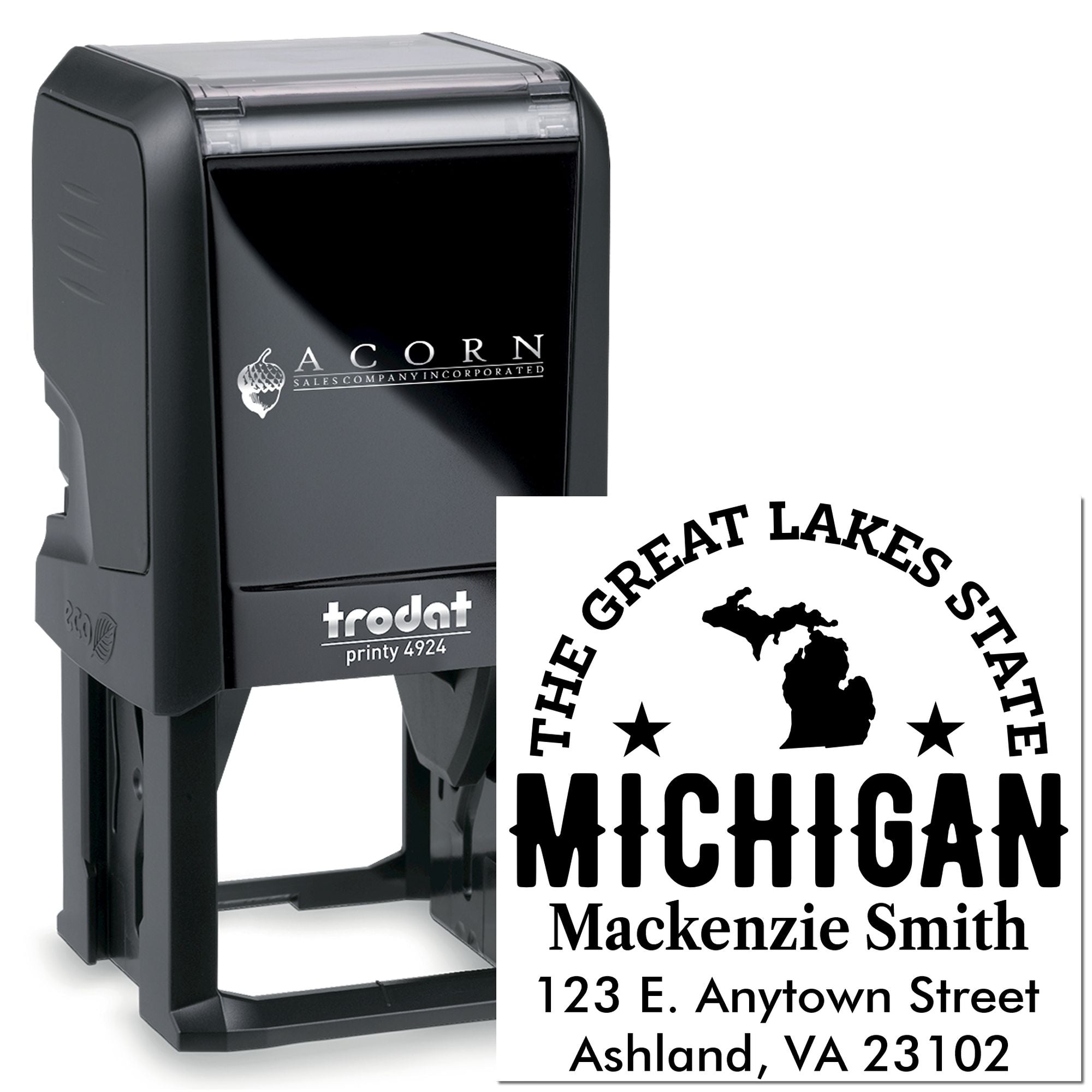 Self-inking custom rubber stamp with Michigan Great Lakes State design and personalized address imprint