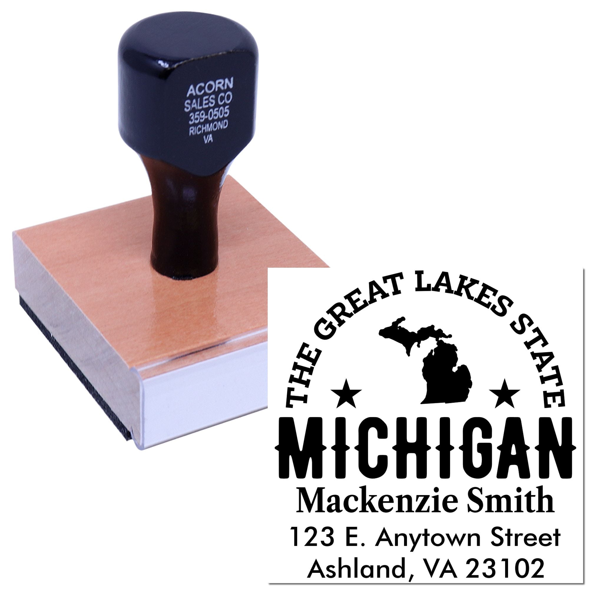 Custom Michigan return address rubber stamp with Great Lakes State design for Mackenzie Smith.