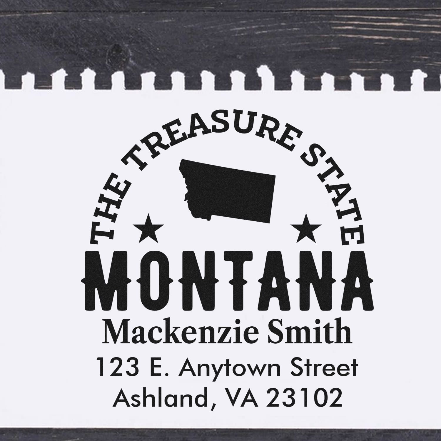 Custom Montana rubber stamp featuring Treasure State design, state silhouette, name, and address for personalized mailing.